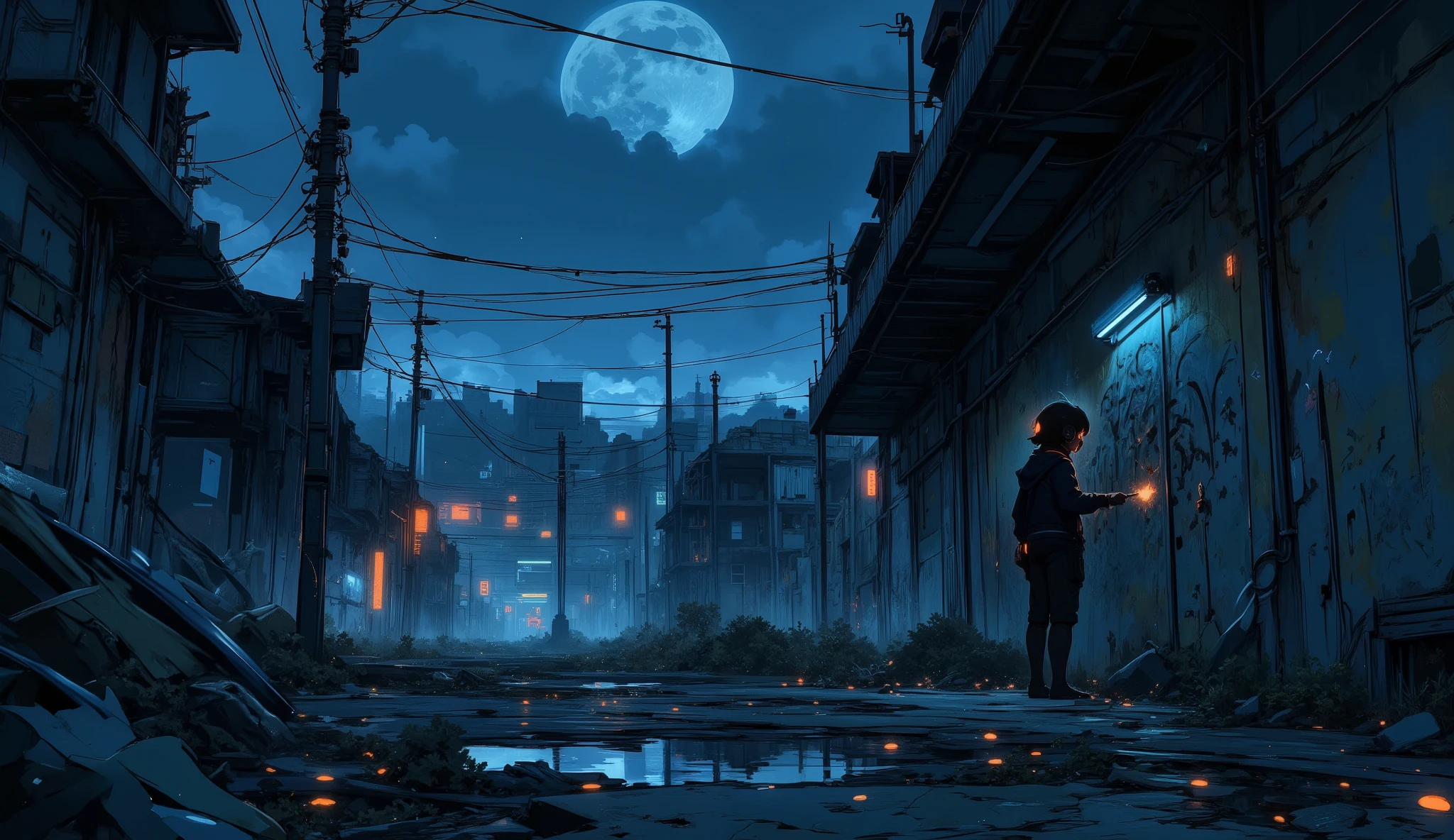 “Quiet lofi night city scene, moonlight over collapsed buildings, neon signs flickering faintly, a character drawing graffiti on a broken wall while listening to headphones.”