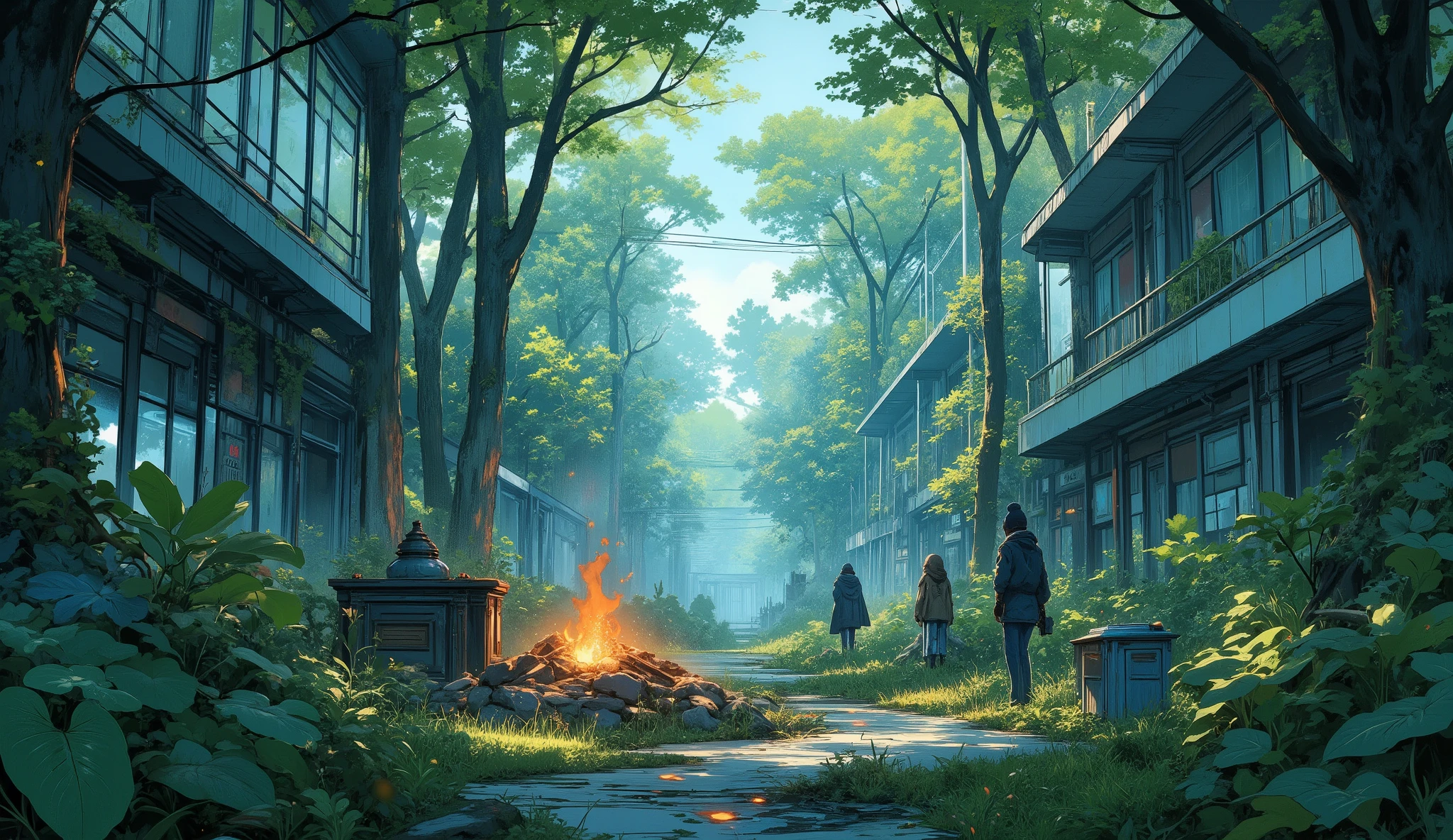 “Lofi forest grown over the ruins of a mall, trees rising through the roof, gentle sunbeams falling through leaves, small campfire with a kettle boiling tea, calm wind sound.”