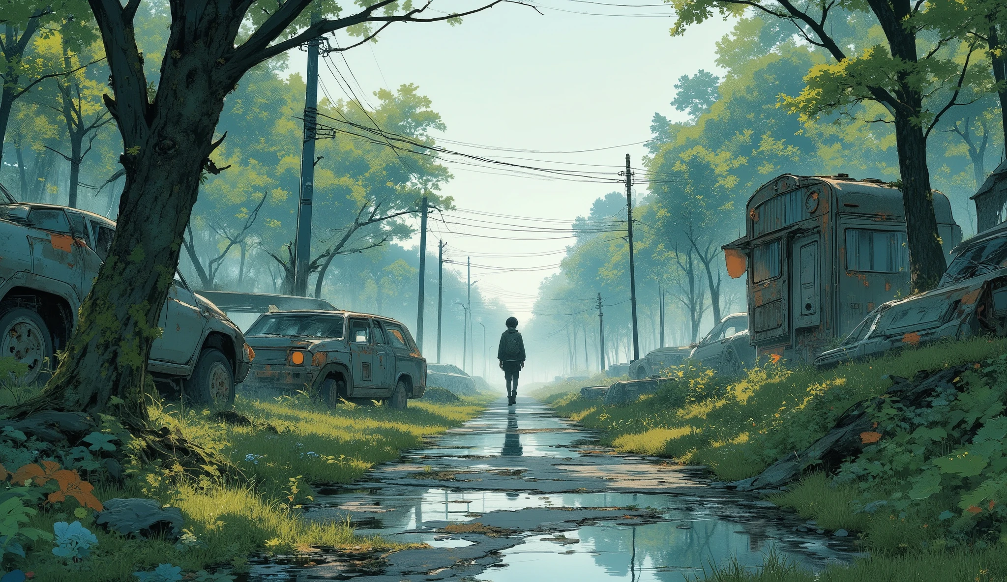 “Overgrown highway turned into a peaceful lofi forest path, rusted cars covered in moss, gentle fog, a survivor walking slowly while humming to music.”