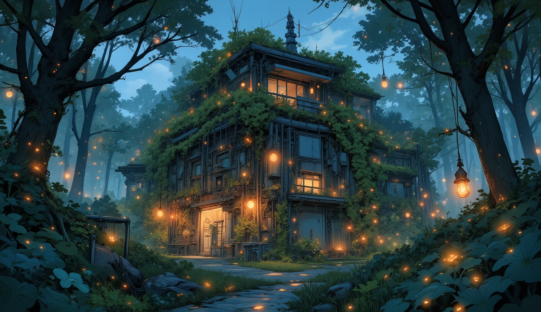 “Lofi forest bunker entrance hidden under thick vines and flowers, warm lanterns hung around the entrance, soft fireflies floating, tranquil but mysterious atmosphere.”