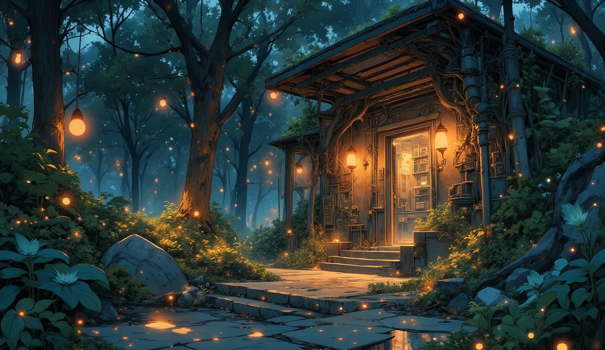 “Lofi forest bunker entrance hidden under thick vines and flowers, warm lanterns hung around the entrance, soft fireflies floating, tranquil but mysterious atmosphere.”