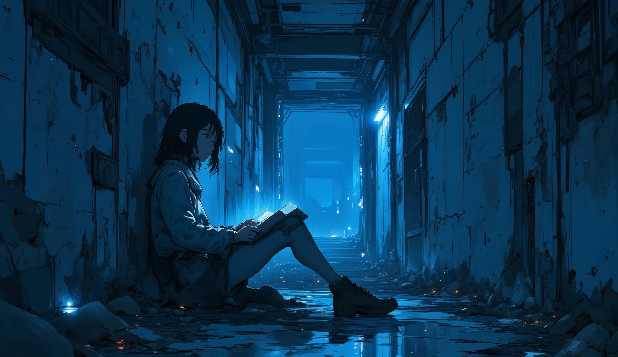 “Lofi bunker corridor lit by soft blue lights, walls covered in old drawings and notes, a survivor sitting on the floor reading a book while leaning against a cracked wall.”