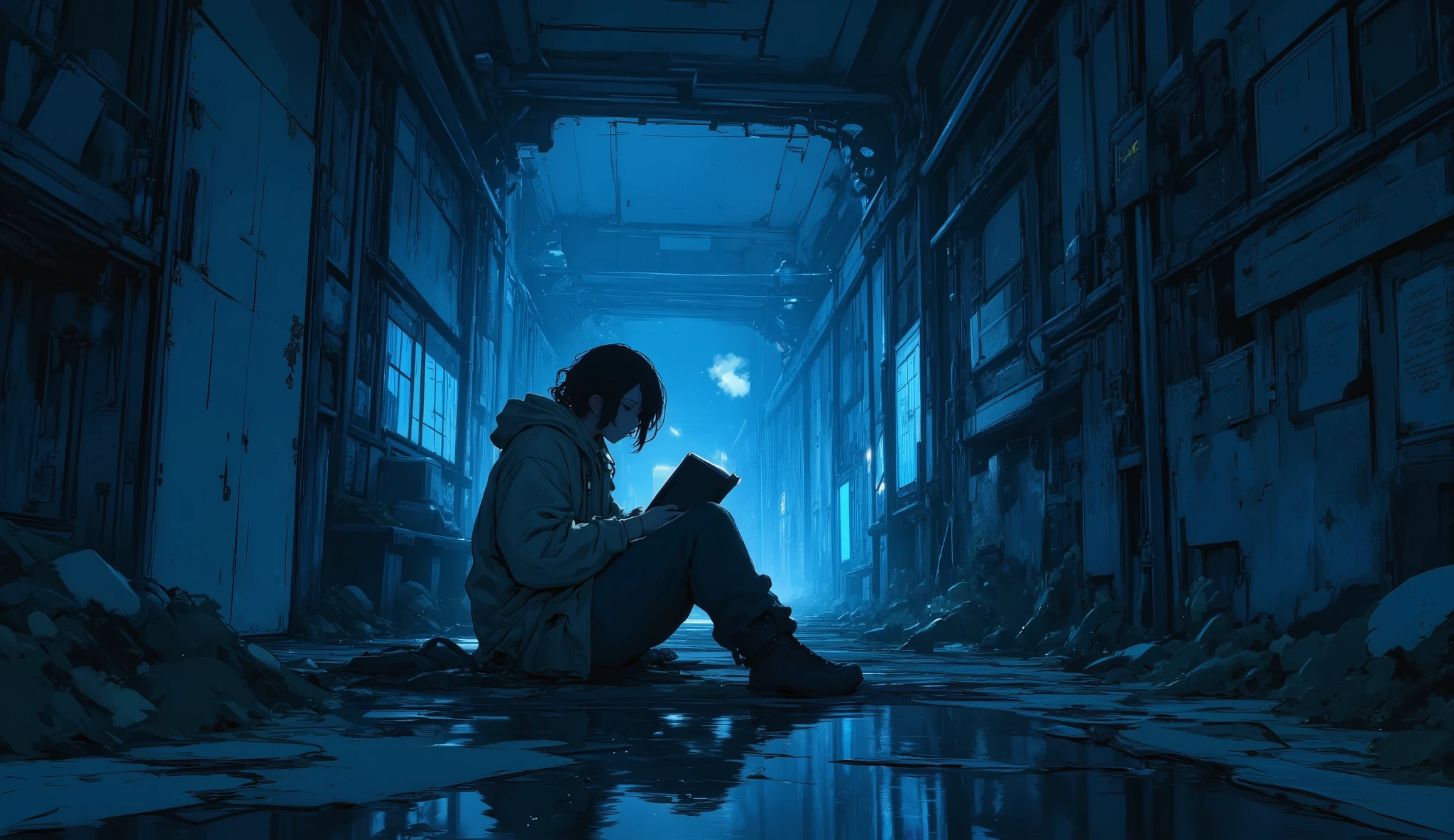 “Lofi bunker corridor lit by soft blue lights, walls covered in old drawings and notes, a survivor sitting on the floor reading a book while leaning against a cracked wall.”