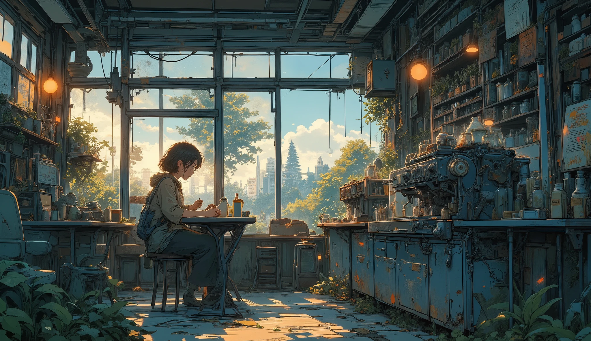 “Lofi ruined café on a quiet city corner, broken windows covered by vines, old coffee machine still intact, a survivor sitting at a dusty table sketching while soft sunlight pours in.”