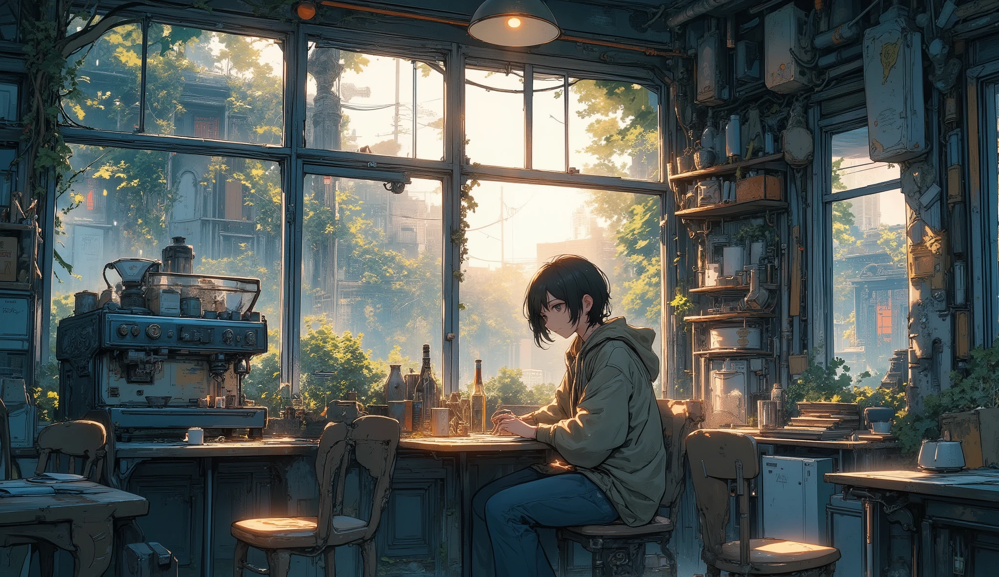 “Lofi ruined café on a quiet city corner, broken windows covered by vines, old coffee machine still intact, a survivor sitting at a dusty table sketching while soft sunlight pours in.”