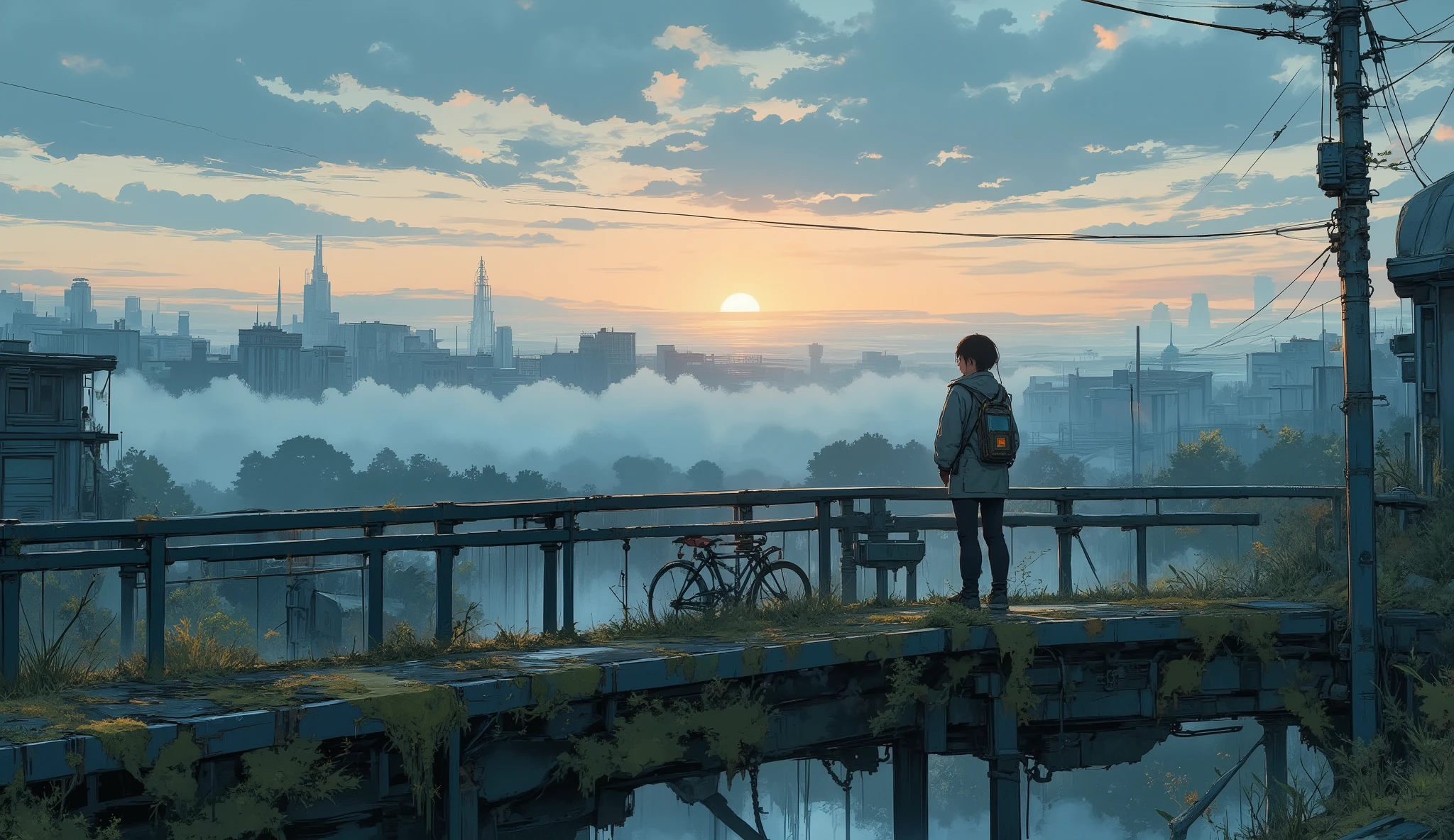 “Lofi city bridge overtaken by moss, gentle fog drifting around, abandoned bicycles leaning on railings, survivor listening to portable radio while watching the sunrise.”