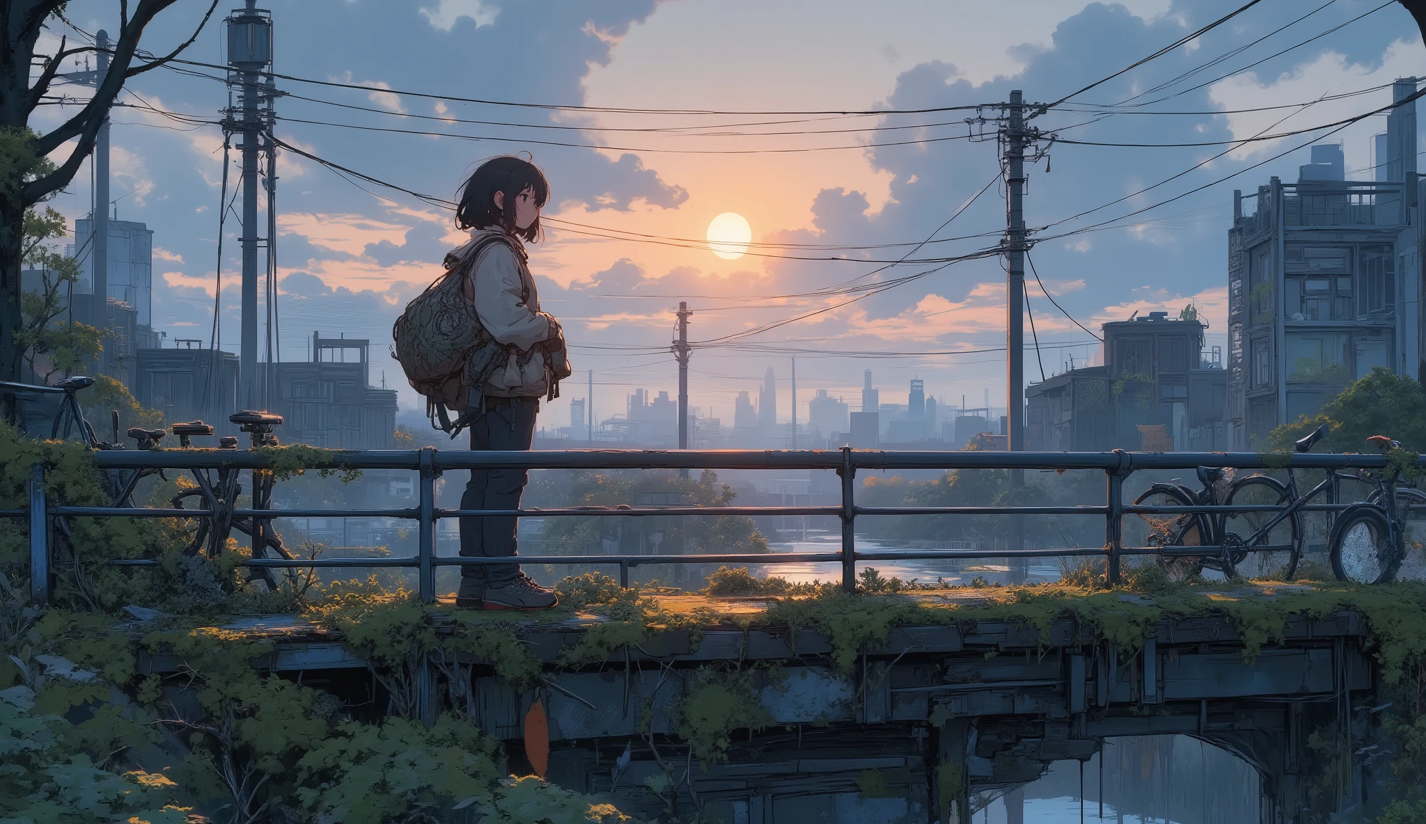 “Lofi city bridge overtaken by moss, gentle fog drifting around, abandoned bicycles leaning on railings, survivor listening to portable radio while watching the sunrise.”
