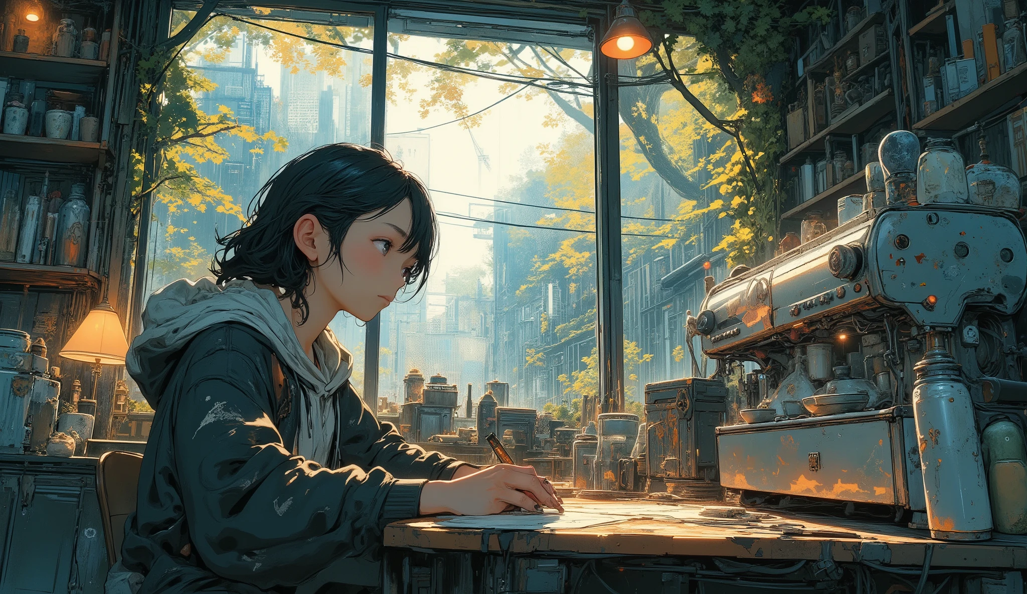 “Lofi ruined café on a quiet city corner, broken windows covered by vines, old coffee machine still intact, a survivor sitting at a dusty table sketching while soft sunlight pours in.”
