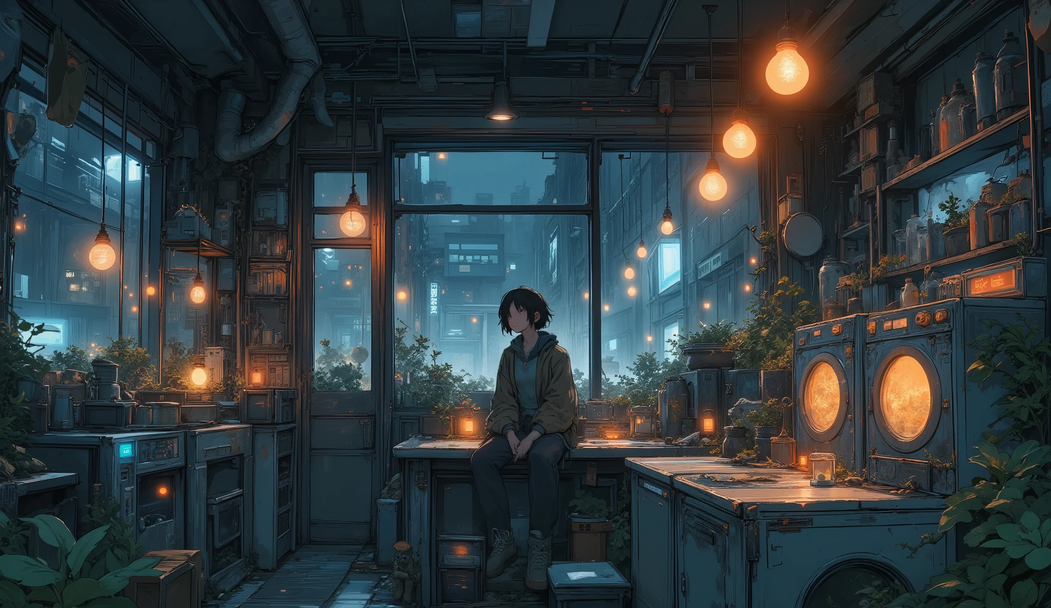 “Lofi laundromat in a collapsed neighborhood, warm yellow lights from hanging lanterns, plants growing in washing machines, survivor sitting on a counter with headphones on.”