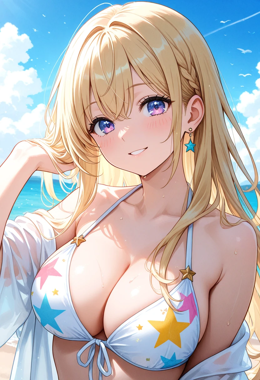 One Woman, Upper Body, ?????????????, Highest quality, Ultra HD, 4K, Married Woman, Red micro ??????, Beach, sunset, Super Resolution, Highly detailed contours, Highly detailed eyes, Cleavage, Forehead visible, Underboob, Sideboob, Ultra-small micro ??????, Beautiful ???????, Extremely beautiful, Mother, ???? body, Only cover the ???????, Very ???? , Three-dimensional ???????, Amazing, Proudly, model, ??????, mother, Details, Droopy eyes, Ample ???????, Blonde, super beautiful, Beautiful blue eyes, Stylish, smile, 