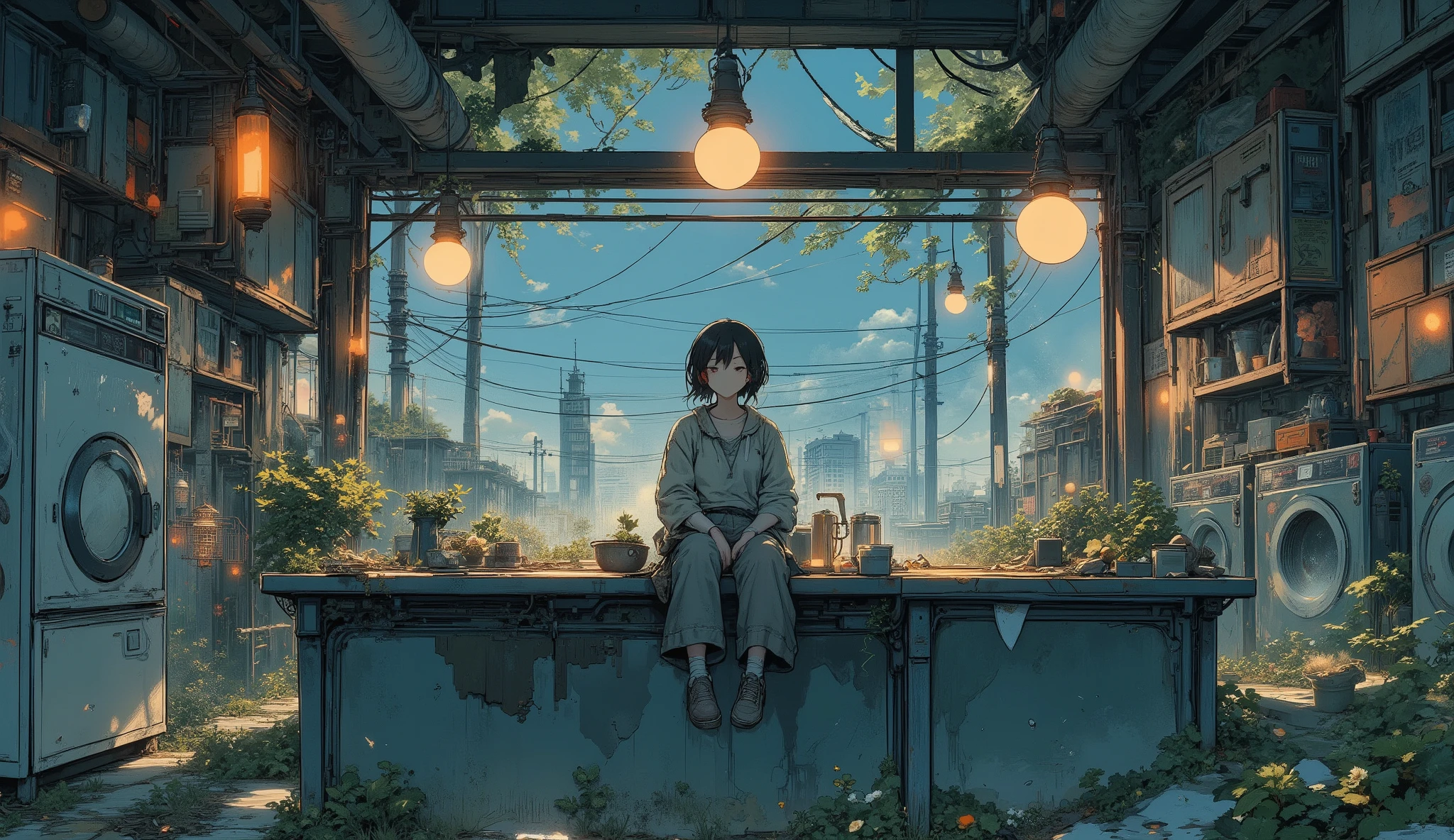 “Lofi laundromat in a collapsed neighborhood, warm yellow lights from hanging lanterns, plants growing in washing machines, survivor sitting on a counter with headphones on.”
