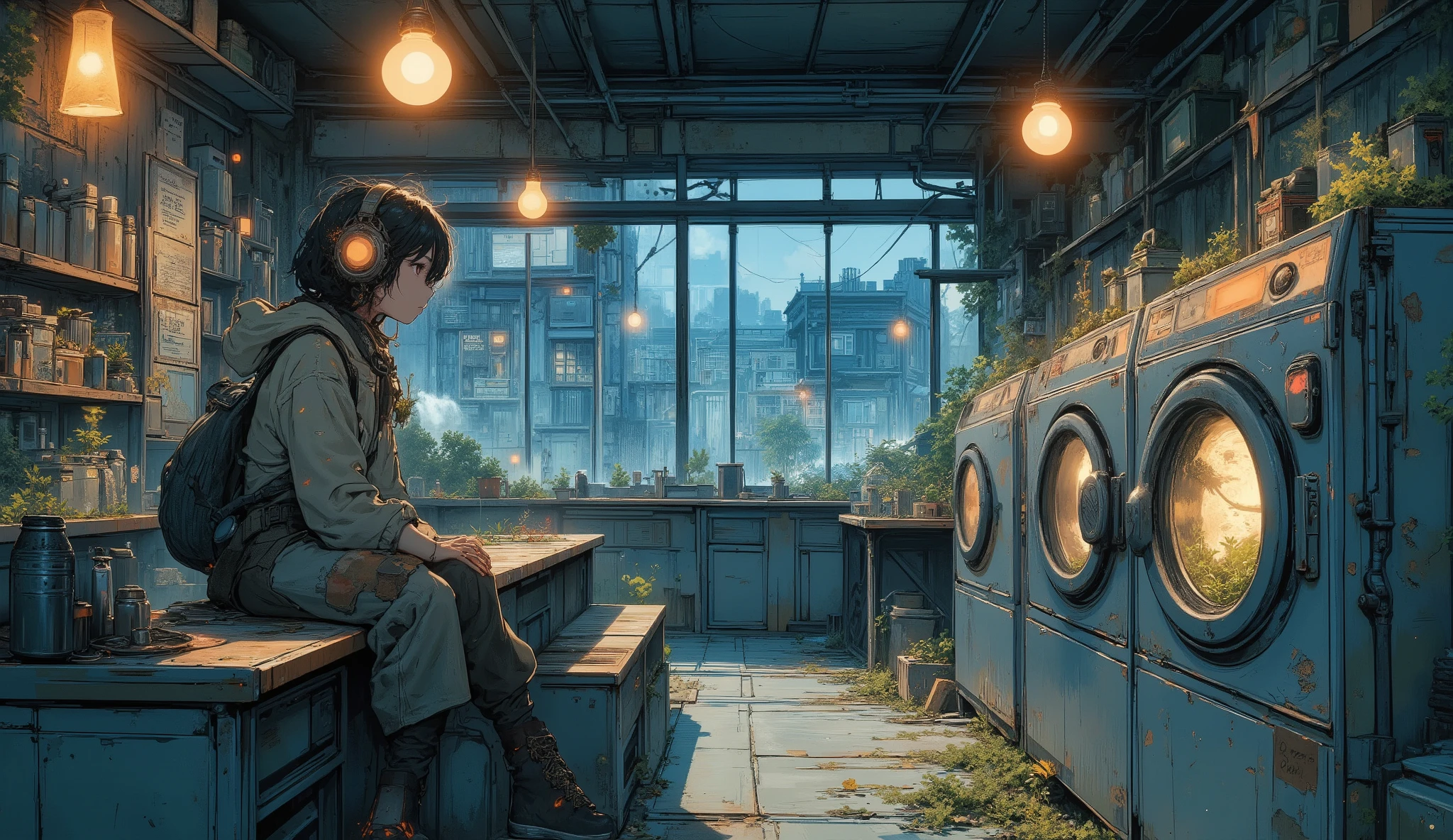 “Lofi laundromat in a collapsed neighborhood, warm yellow lights from hanging lanterns, plants growing in washing machines, survivor sitting on a counter with headphones on.”