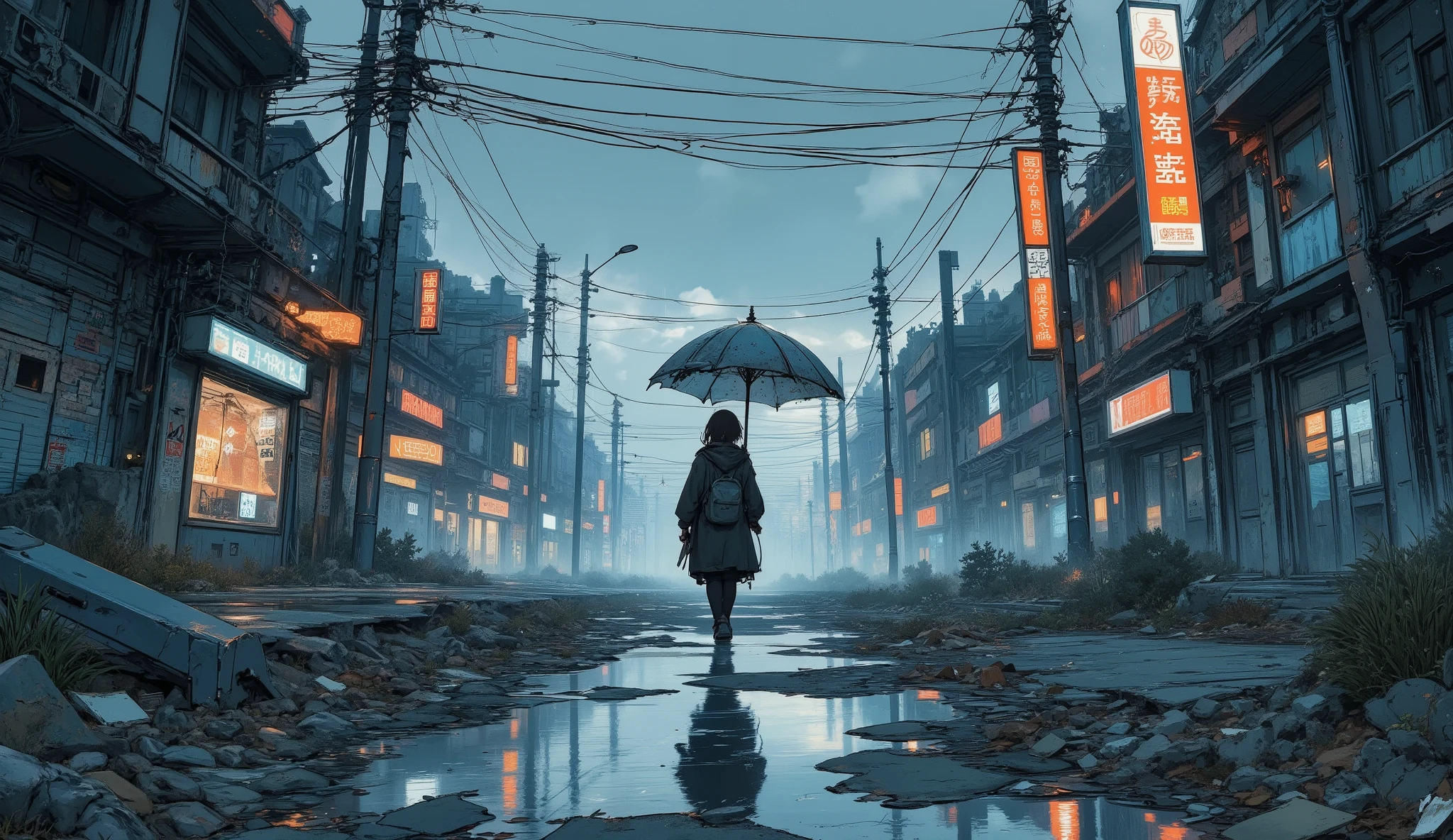 “Lofi rainy-day city street in ruins, puddles reflecting shattered neon lights, a survivor walking with an umbrella made of scrap metal, calm melancholic mood.”