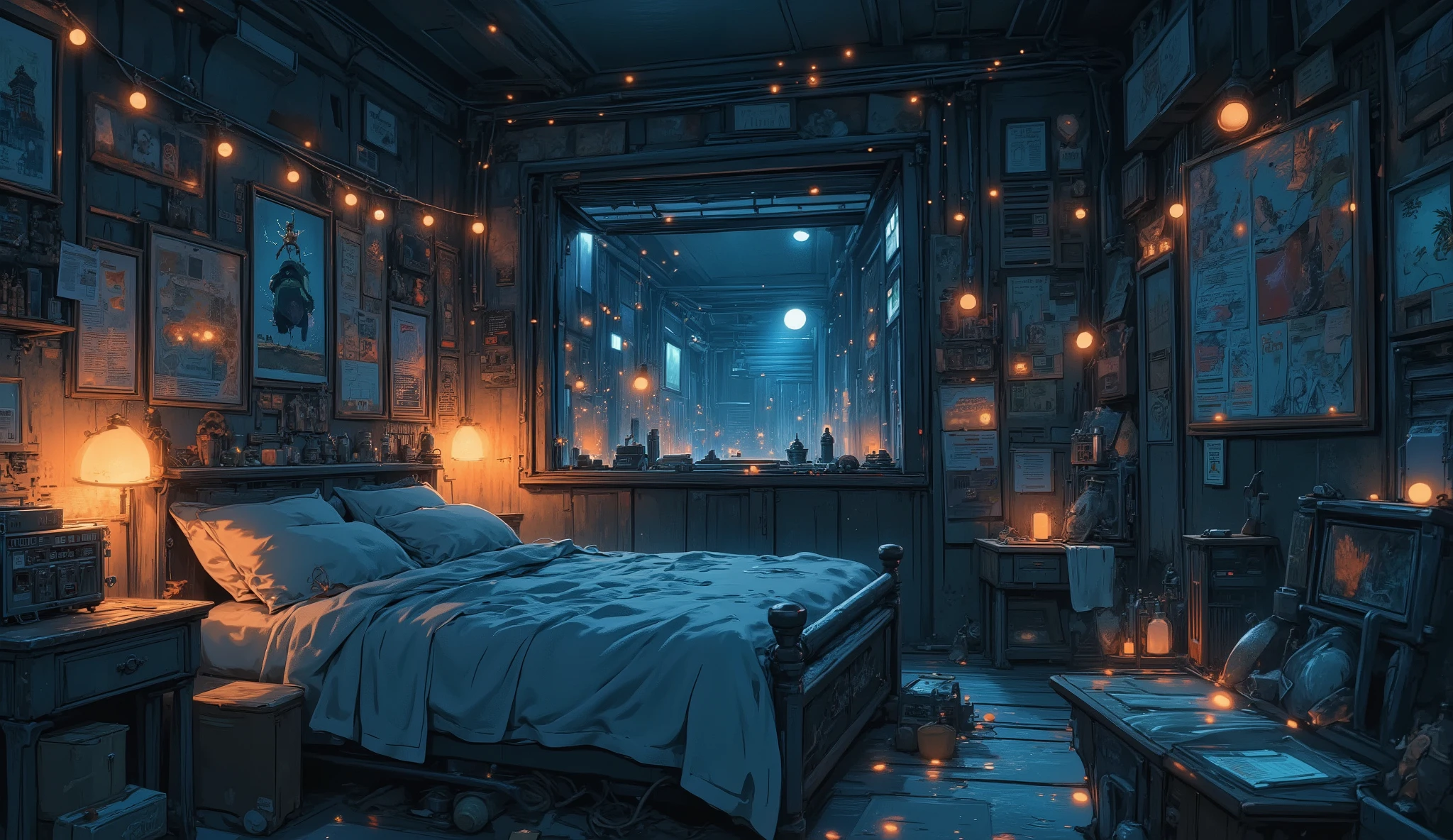 “Lofi bunker bedroom decorated with old posters and fairy lights powered by a small generator, comfy blankets on a makeshift bed, soft glow creating a peaceful sanctuary.”