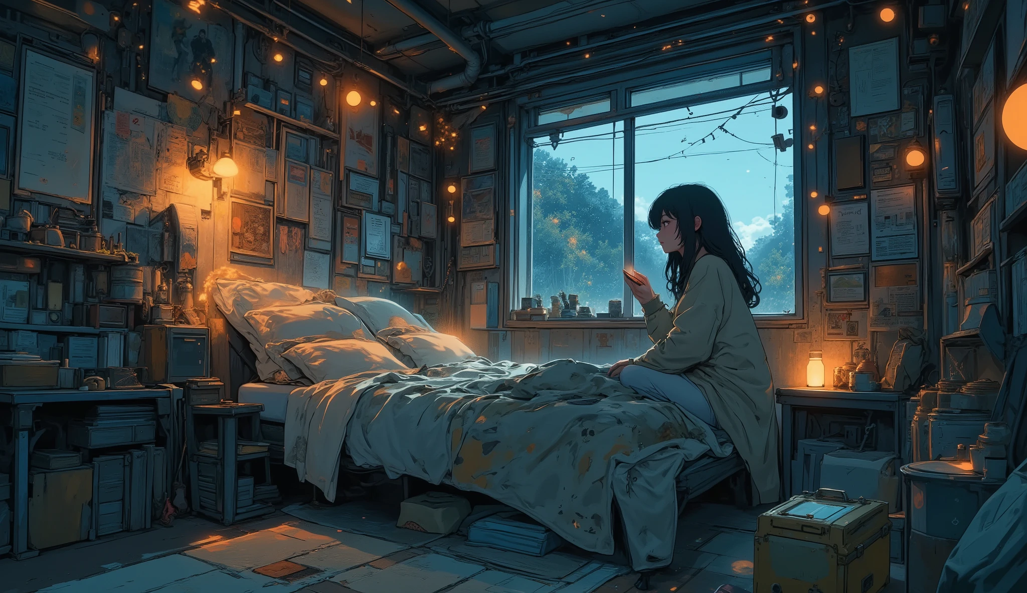 “Lofi bunker bedroom decorated with old posters and fairy lights powered by a small generator, comfy blankets on a makeshift bed, soft glow creating a peaceful sanctuary.”