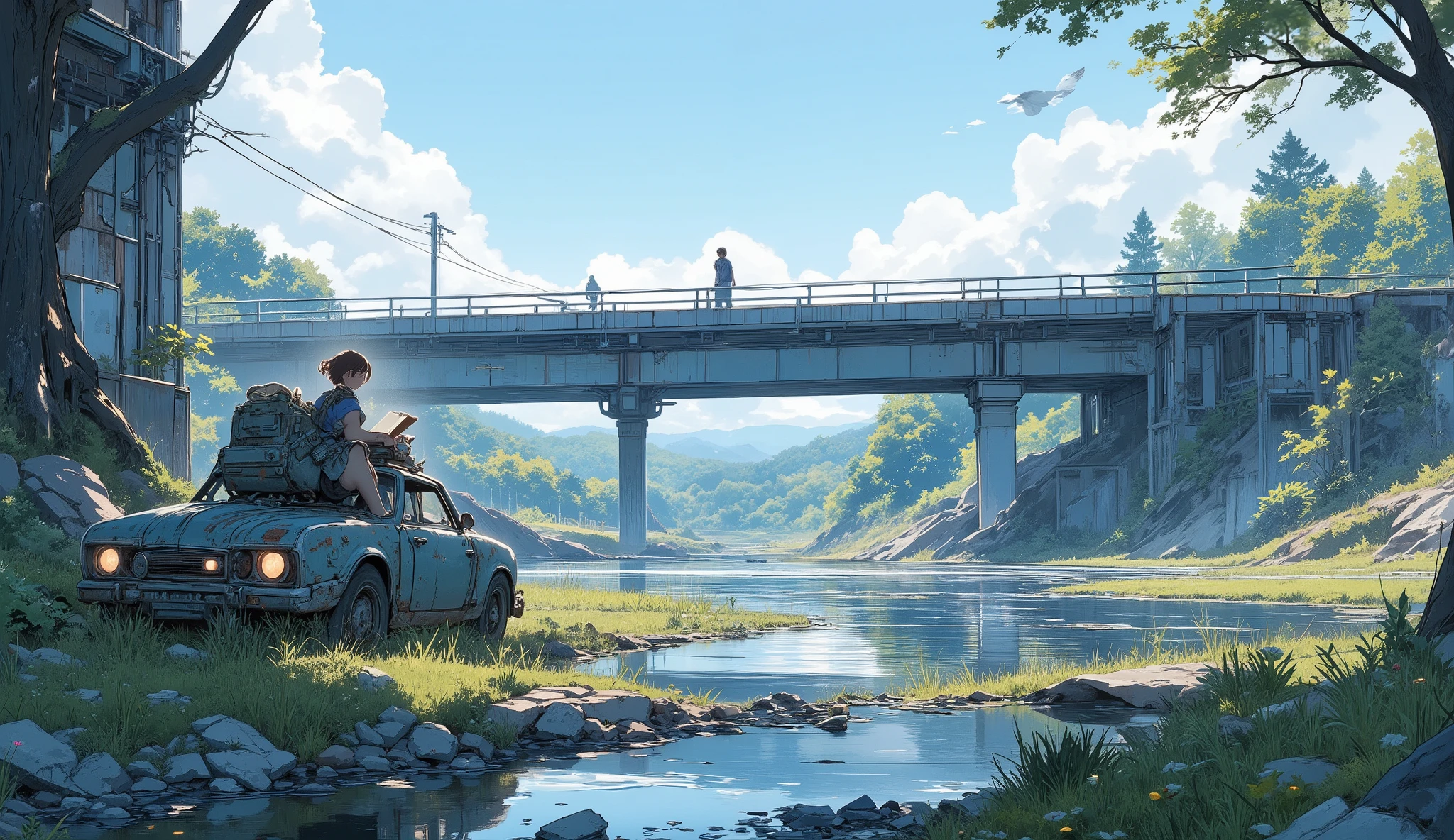 “Lofi forest river flowing through collapsed highway pieces, gentle water reflections, birds returning to the land, a survivor sitting on a rusted car roof reading a book.”