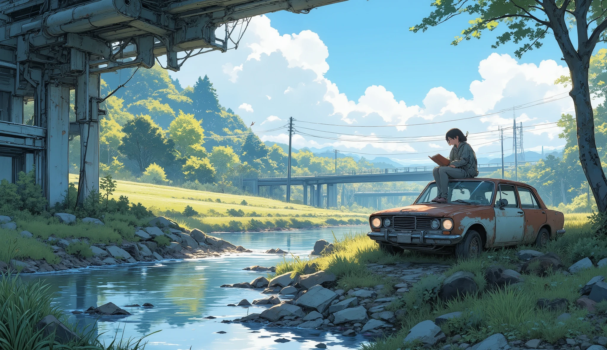 “Lofi forest river flowing through collapsed highway pieces, gentle water reflections, birds returning to the land, a survivor sitting on a rusted car roof reading a book.”