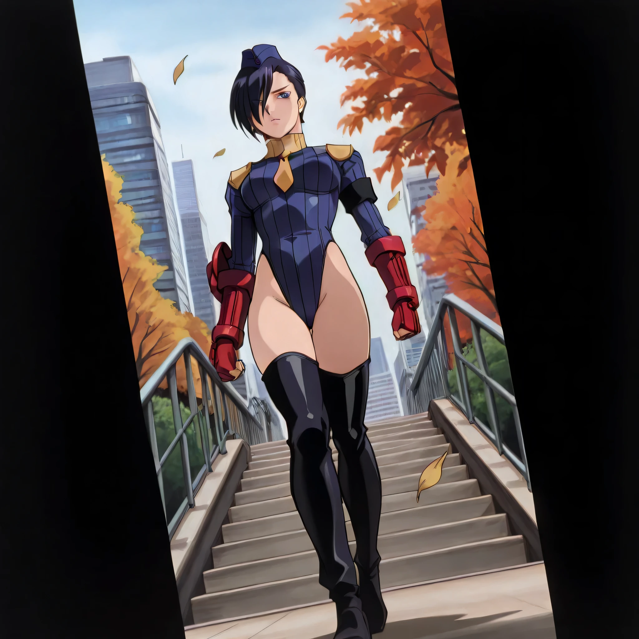 (((Masterpiece))), (((Best Quality))), ((Super Detail)), ultra-High resolution, score_9,score_8_up,score_7_up,score_6_up,score_5_up,score_4_up, BREAK, source_anime, anime screencap, uncensored, Masterpiece, (best shadow), (absurdres), (detailed background), (very aesthetic), shiny, detailed beautiful eyes, outstanding, countershading, detailed soft lighting, an exquisite animation illustration, curvy, highres, shiny clothing, shadaloo dolls, red gloves, hat, fingerless gloves, gauntlet, red gauntlet, leotard, cosplay, highleg, highleg leotard, garrison cap, dark persona, ribbed leotard, yellow necktie, (((solo, 1girl))), hair ornament, seductive pose, submissive pose, anime style, anime coloring, animification, megami magazine, sexy pose, dynamic angle, cinematic angle, dutch angle, dynamic composition, medium breast, retro artstyle, 1990s, lucrezianoin, black hair, short hair, solo, blue eyes, hair over one eye, asymmetrical hair, purple eyes, staircase, walking, looking from below, from below, view from below, park, nature, city, cityscape, looking away, autumn, wind, windy, falling leaves, full body