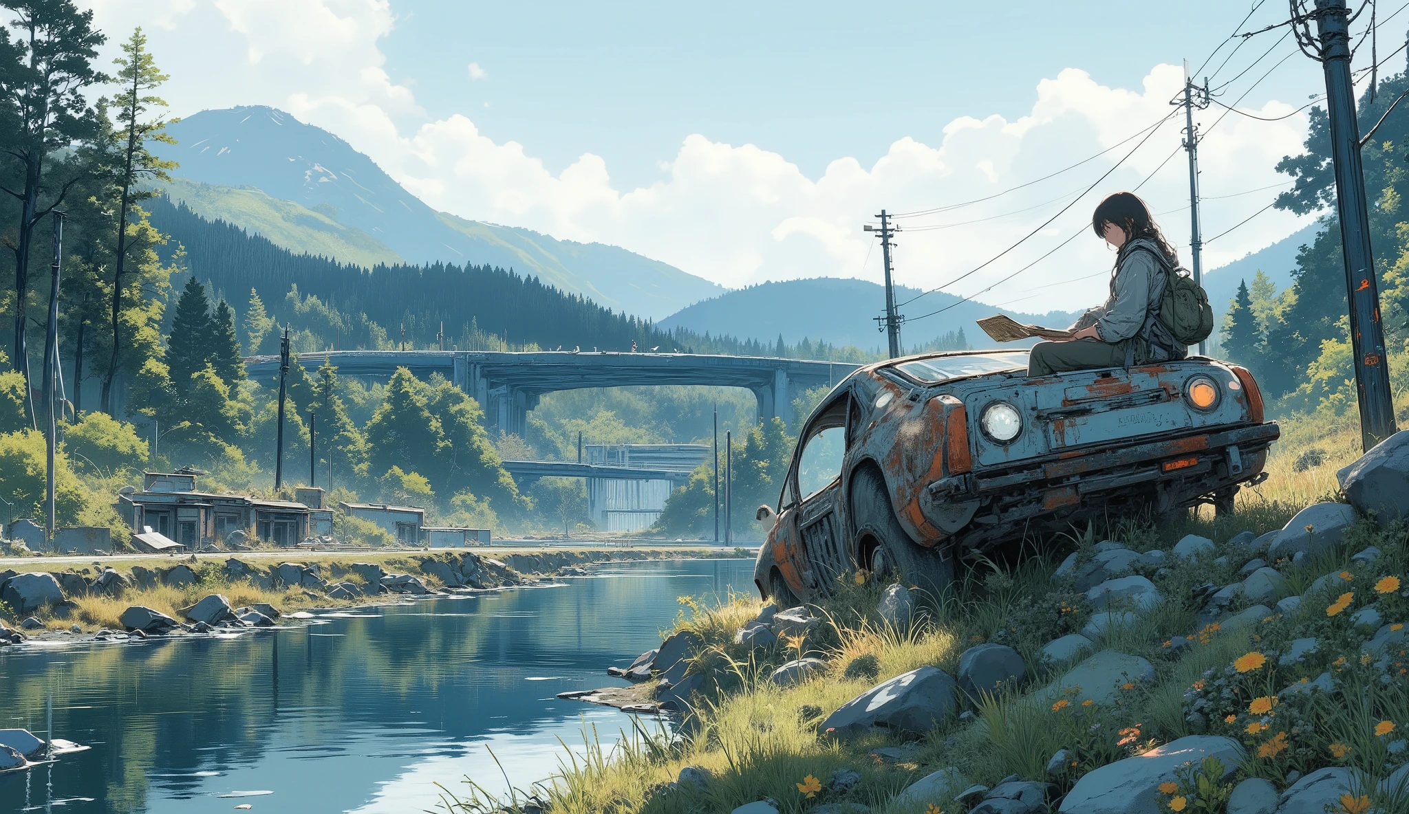 “Lofi forest river flowing through collapsed highway pieces, gentle water reflections, birds returning to the land, a survivor sitting on a rusted car roof reading a book.”