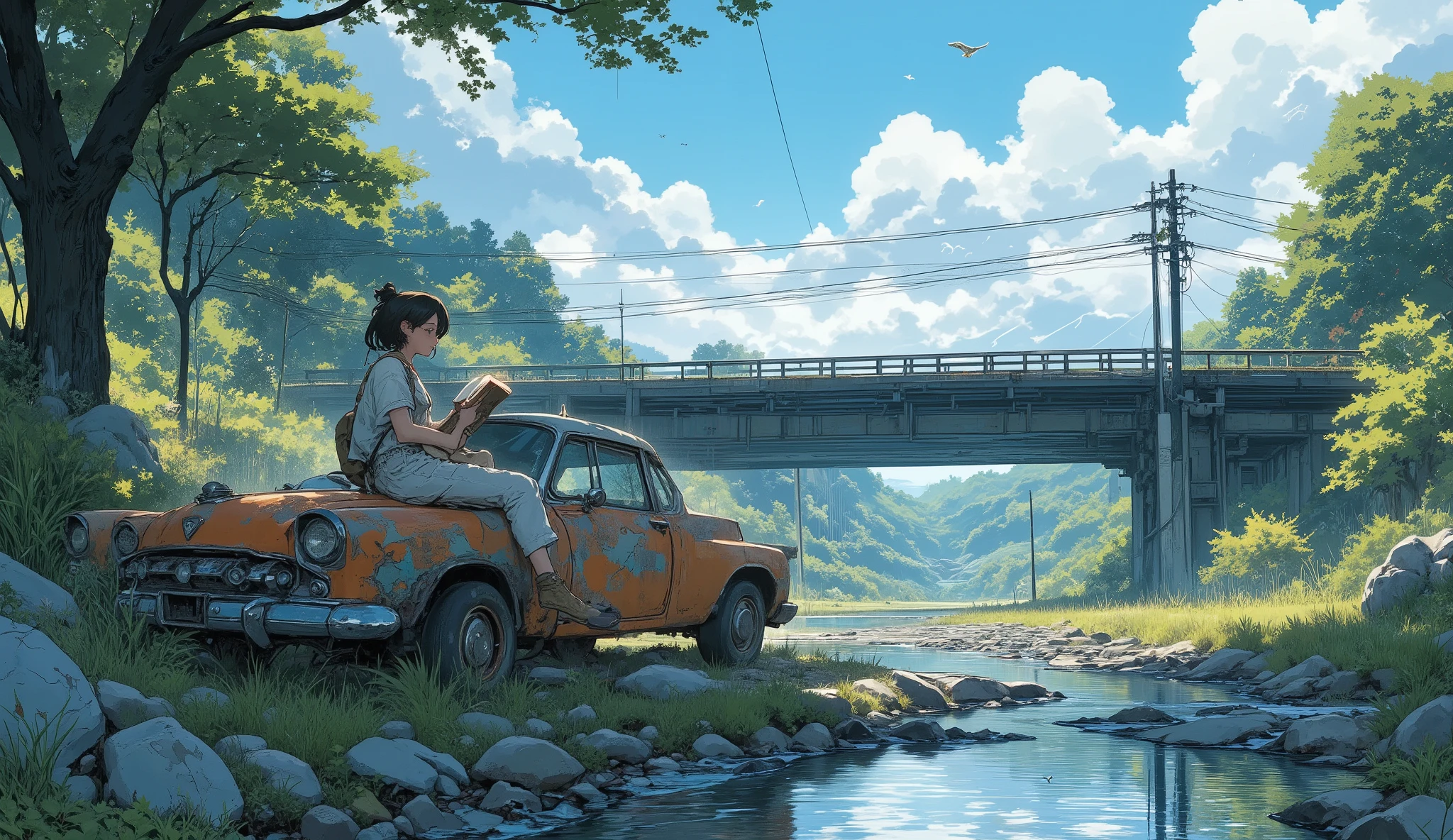 “Lofi forest river flowing through collapsed highway pieces, gentle water reflections, birds returning to the land, a survivor sitting on a rusted car roof reading a book.”