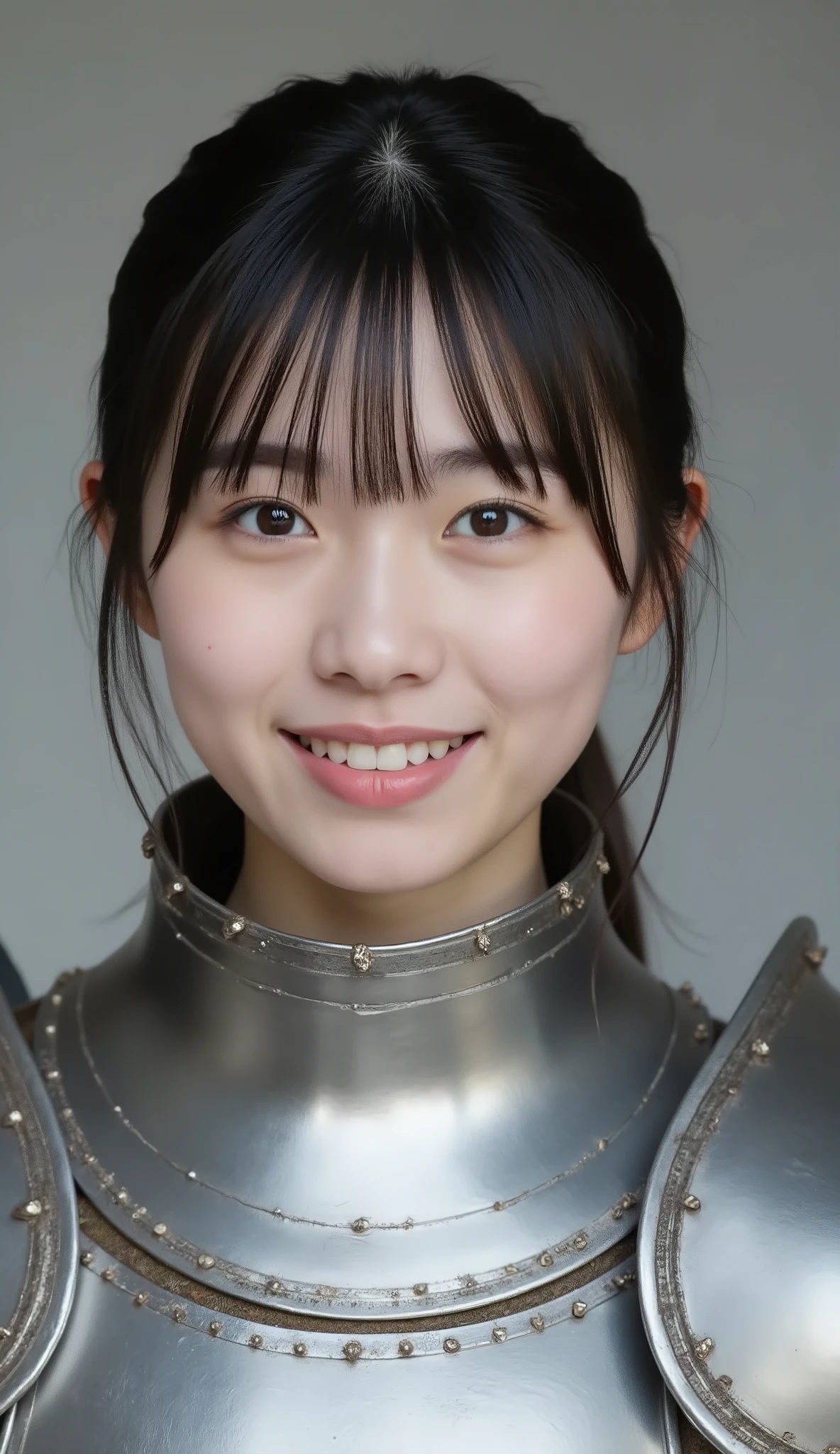 young woman in luxurious silver armor、、Female Knight、、、ear piercing、camera from the knee、looking directly in front、smile showing teeth、、face close-up、grey background、