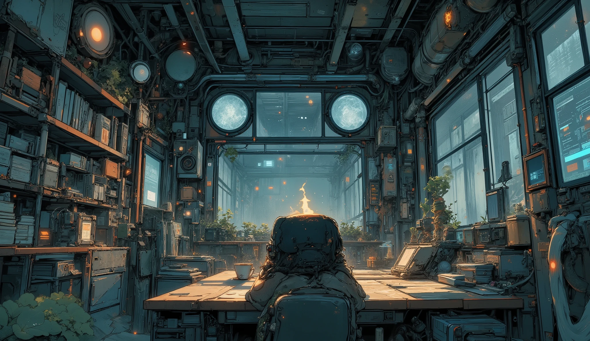 “Lofi abandoned command room turned into a cozy hideout, screens showing static, scattered notebooks, steaming cup of tea on a rusty desk, vines creeping through ceiling cracks.”