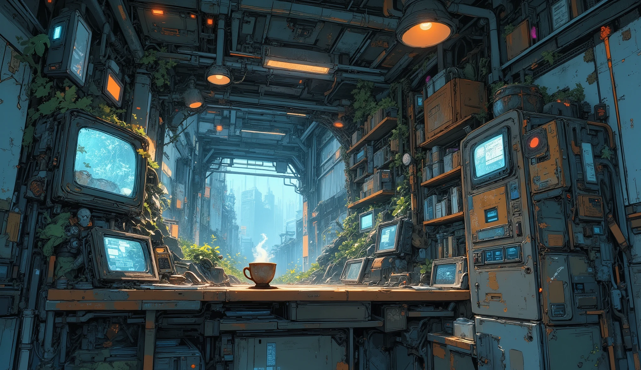 “Lofi abandoned command room turned into a cozy hideout, screens showing static, scattered notebooks, steaming cup of tea on a rusty desk, vines creeping through ceiling cracks.”