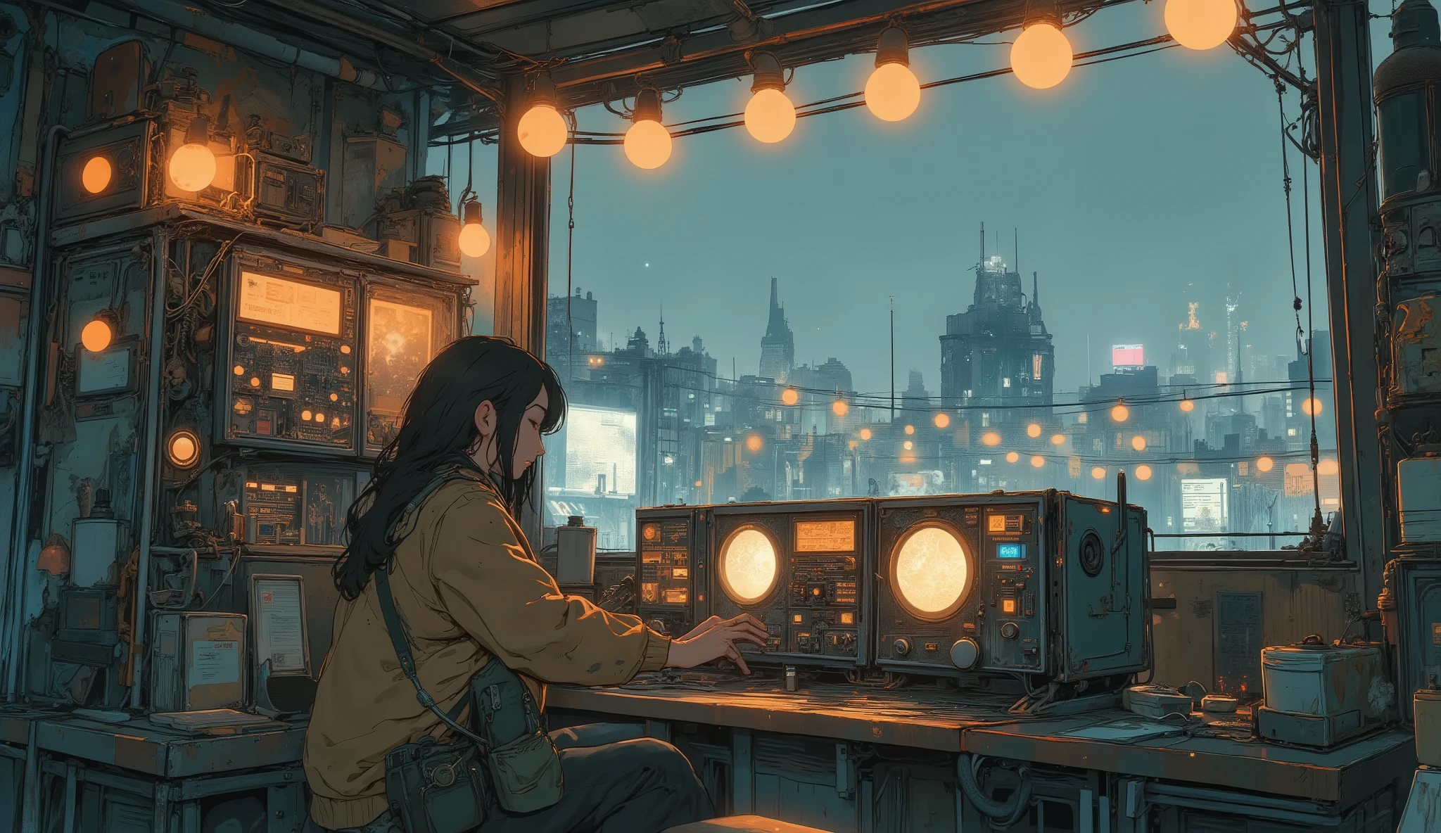 “Lofi rooftop radio station built from scavenged gear, warm string lights above, cracked skyline in the distance, survivor adjusting dials while mellow beats play softly.”