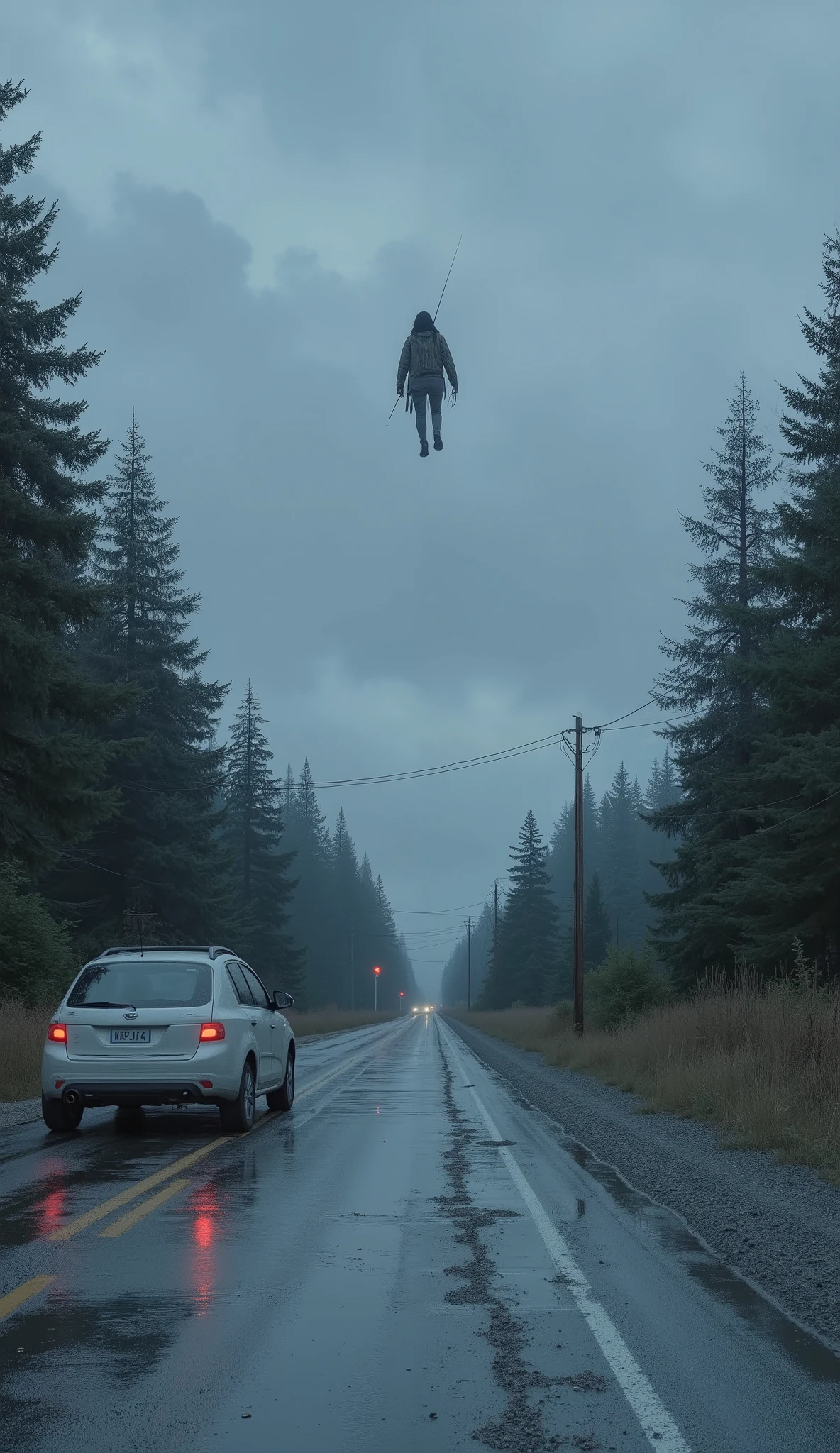 the car's taillights are red, is pale, sandwiched between, cloudy sky. the overall mood is one., the desolate road stretches far, above the forest limit line. showing wet asphalt, looking out over an eerie landscape. Standing beside, The shining surface, The calm blue and gray heightens the sense of isolation and premonition {x} the humanoid figure floats motionless in the sky, white car with the driver's side door open. creates a surreal and uneasy atmosphere, in a dark forest。camouflage jacket and dark pants full of fear and mystery The person wearing it is old.