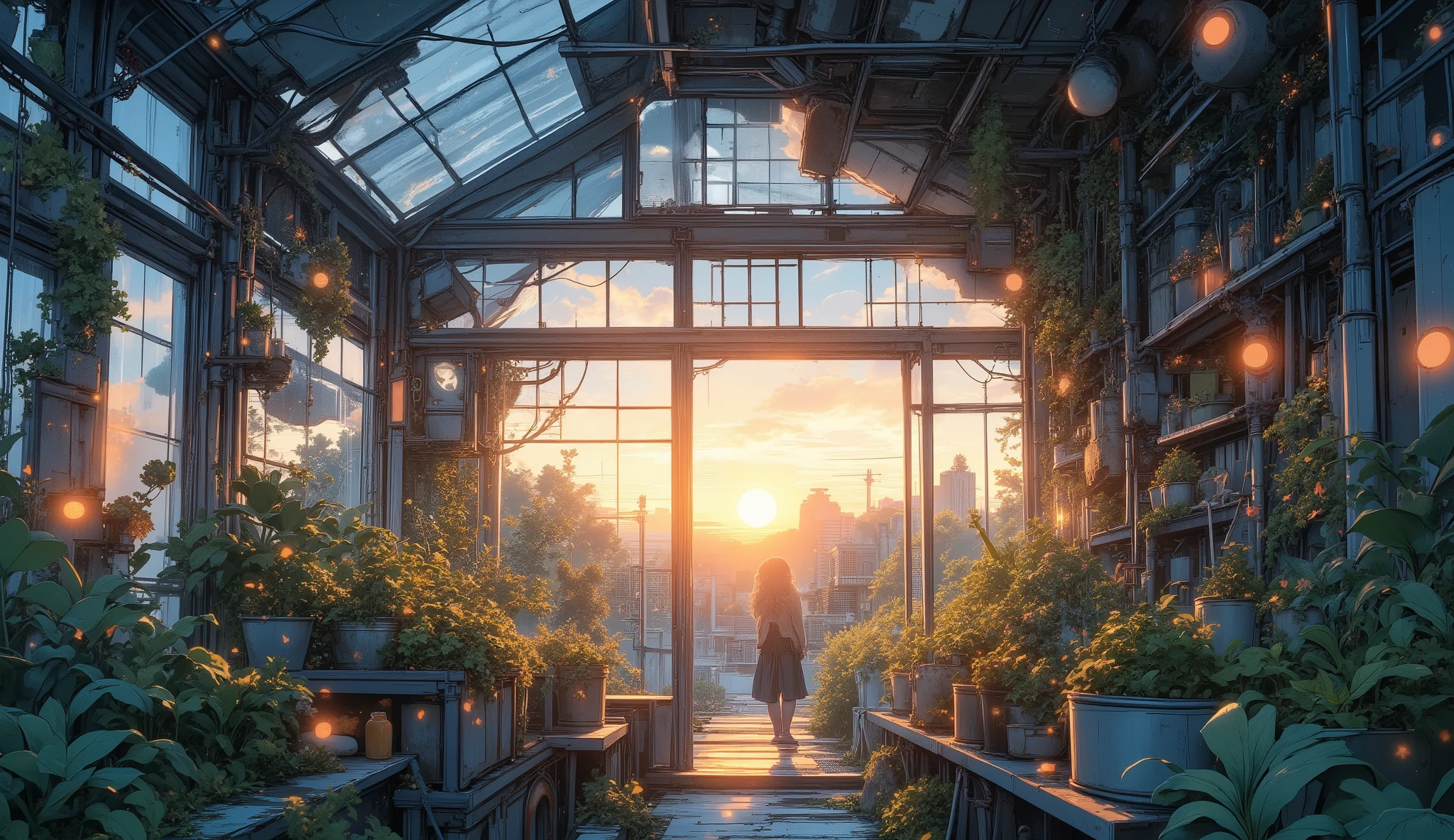 “Lofi bunker greenhouse built from broken panels, warm sunrise shining inside, plants thriving in repurposed metal containers, soft relaxed atmosphere with faint dust particles glowing.”
