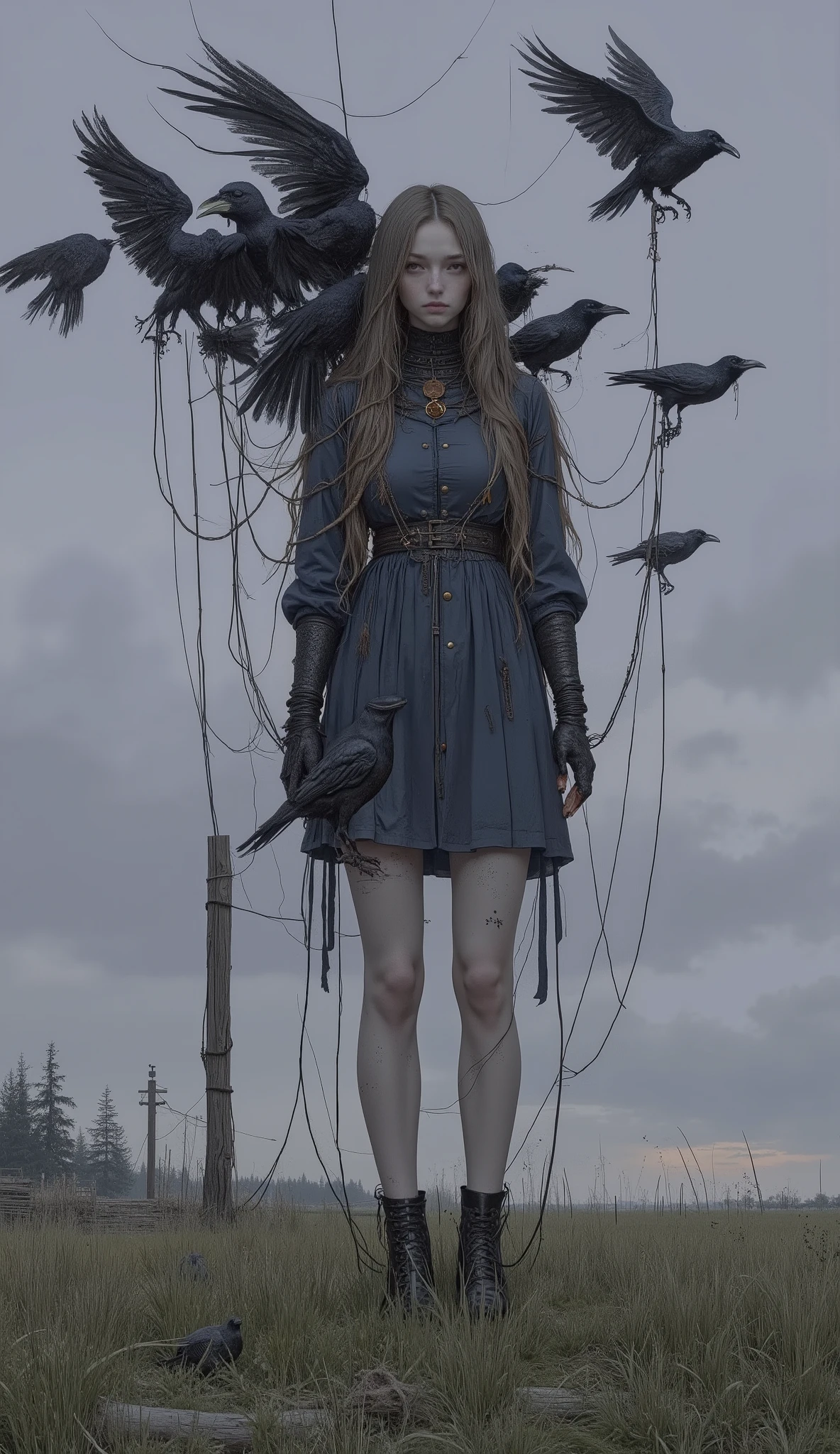 young woman before the performance, } with small brown buttons under her bodice It's stuck, walking on grass is floating in the sky at dusk, her torso is tied with thick ropes. Her Long, light brown hair flowing down around her face, Gloomy, Distant Expression . she wears a dark blue dress and black boots. Large number of black birds, probably a crow or crow, Fly around her, Some seem to be tied to ropes lifting her high, on the other hand、Other ropes are flying freely against a calm purplish gray sky. Under her, dark green, a little unmaintained prairie、it's spreading towards a faint horizon where you can see a few trees in the distance. several ropes extend downward from the woman, is connected to a wooden stake on the ground. are there more crows perched on these stakes、Walking on grass, adds spookiness, Fantastic Atmosphere.