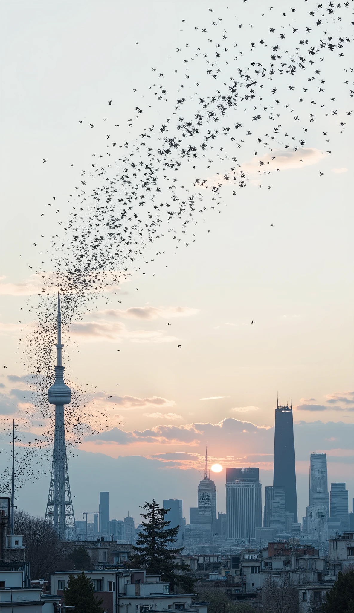 quiet, is a cityscape with, , that changes from, pastel sky at dusk. That silhouette forms a dotted path, long exposure It shows the flight path as if captured in a picture. The sky is 、blue under a complex group of birds, The top is almost white and has a warm color. Peach and orange sparkles near the horizon, it suggests a sunrise or sunset. The pattern swirling above, darkness, silhouettes like swallows and swirls, but, It features various buildings, including prominent towers, soft, , adding a sense of scale and urban background to the natural scene. The overall mood is、A graceful and dynamic, that can be seen emphasizes the beauty of bird movement.