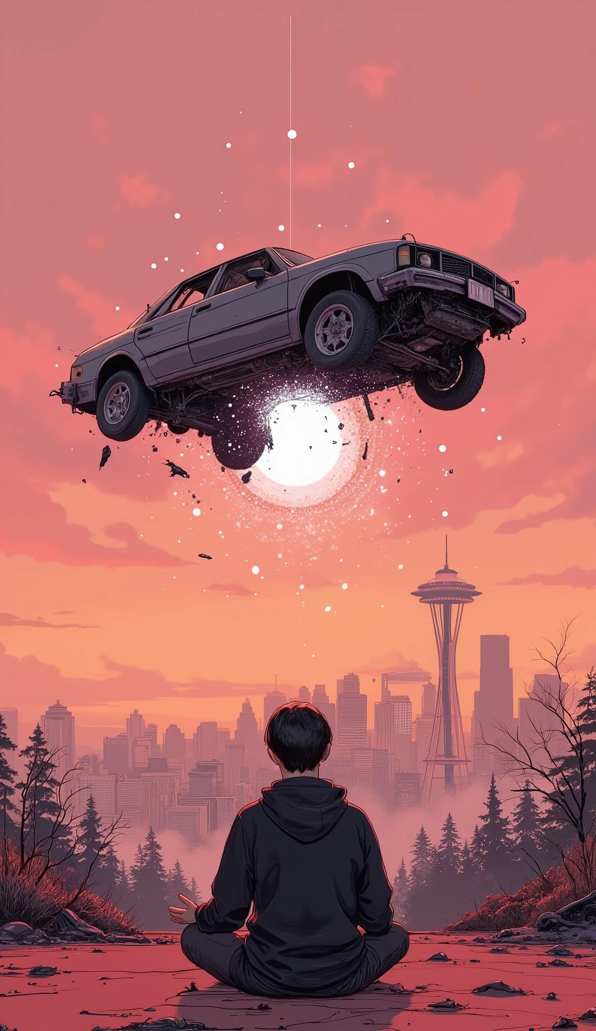 A young man meditating with legs crossed on a dark red surface, hand placed on the knee. he wears a black hoodie、 has short black hair . above him, severely damaged, dark-colored cars floating in the air, black debris falls from below and appears to be collapsing. Below the car, Bright, circular energy fields radiating from the ground, surrounded by small white circles. In the background, city skyline silhouette with characteristic towers, Probably the Space Needle, is displayed. The color of the sky、or the soft pink at the bottom of {x} It's changing from the orange color to the warmer orange color at the top, creating a surreal and dramatic atmosphere.