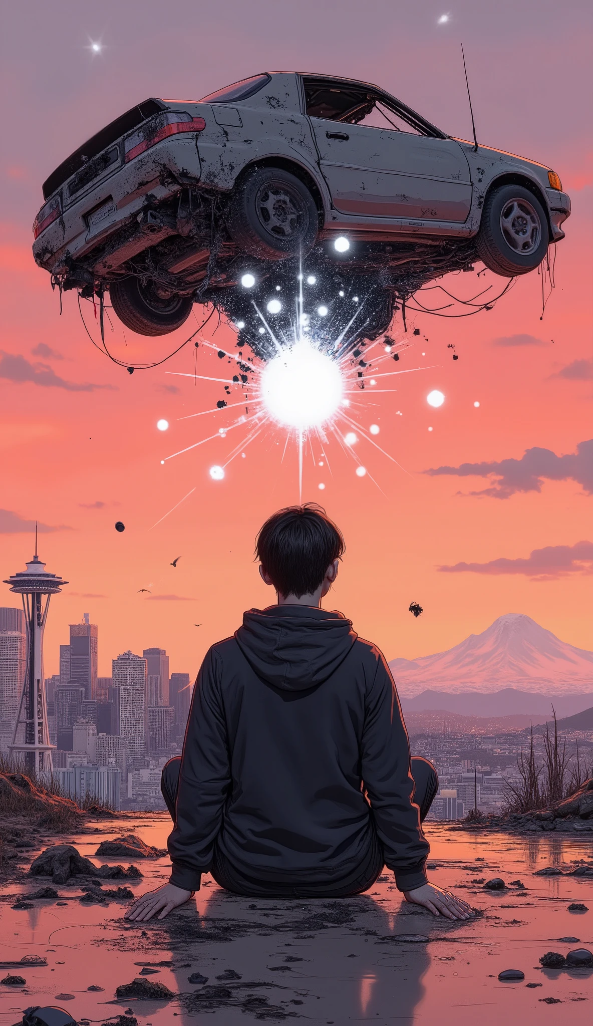 A young man meditating with legs crossed on a dark red surface, hand placed on the knee. he wears a black hoodie、 has short black hair . above him, severely damaged, dark-colored cars floating in the air, black debris falls from below and appears to be collapsing. Below the car, Bright, circular energy fields radiating from the ground, surrounded by small white circles. In the background, city skyline silhouette with characteristic towers, Probably the Space Needle, is displayed. The color of the sky、or the soft pink at the bottom of {x} It's changing from the orange color to the warmer orange color at the top, creating a surreal and dramatic atmosphere.