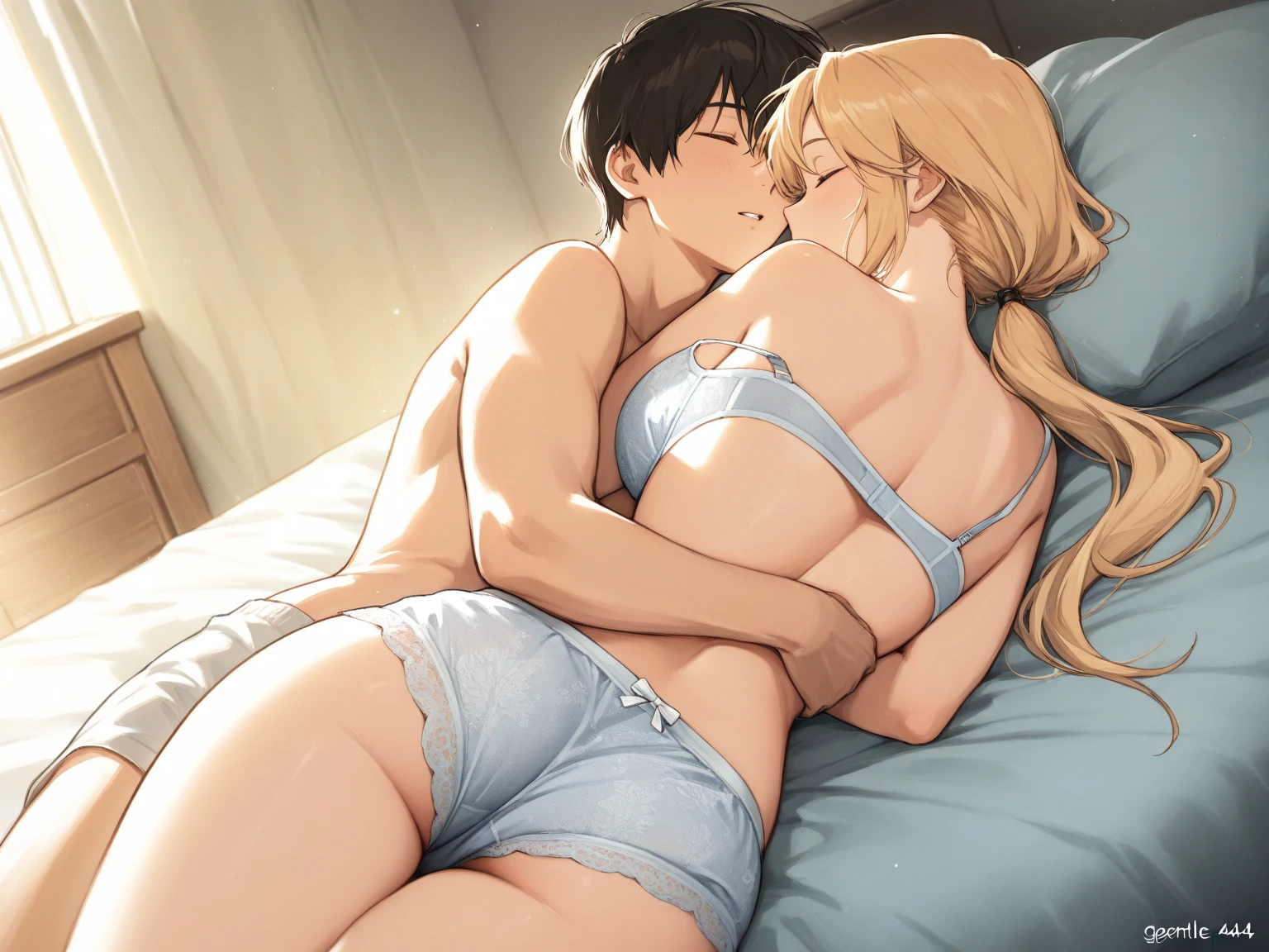 ​masterpiece, best quality, highres, 8K, ,,1 girl,1 boy,,im Bett,sporty_leotard,An_stomach