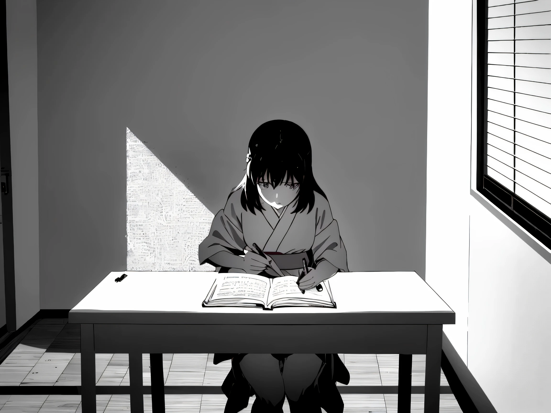 young person reading a philosophy book in a quiet room, soft morning light, floating question marks made of gentle light, calm expression, introspective atmosphere, warm wooden desk, fountain pen and notebook open, subtle glow around the book, minimalist Japanese aesthetics, high resolution, crisp line art with soft shading, serene color palette
