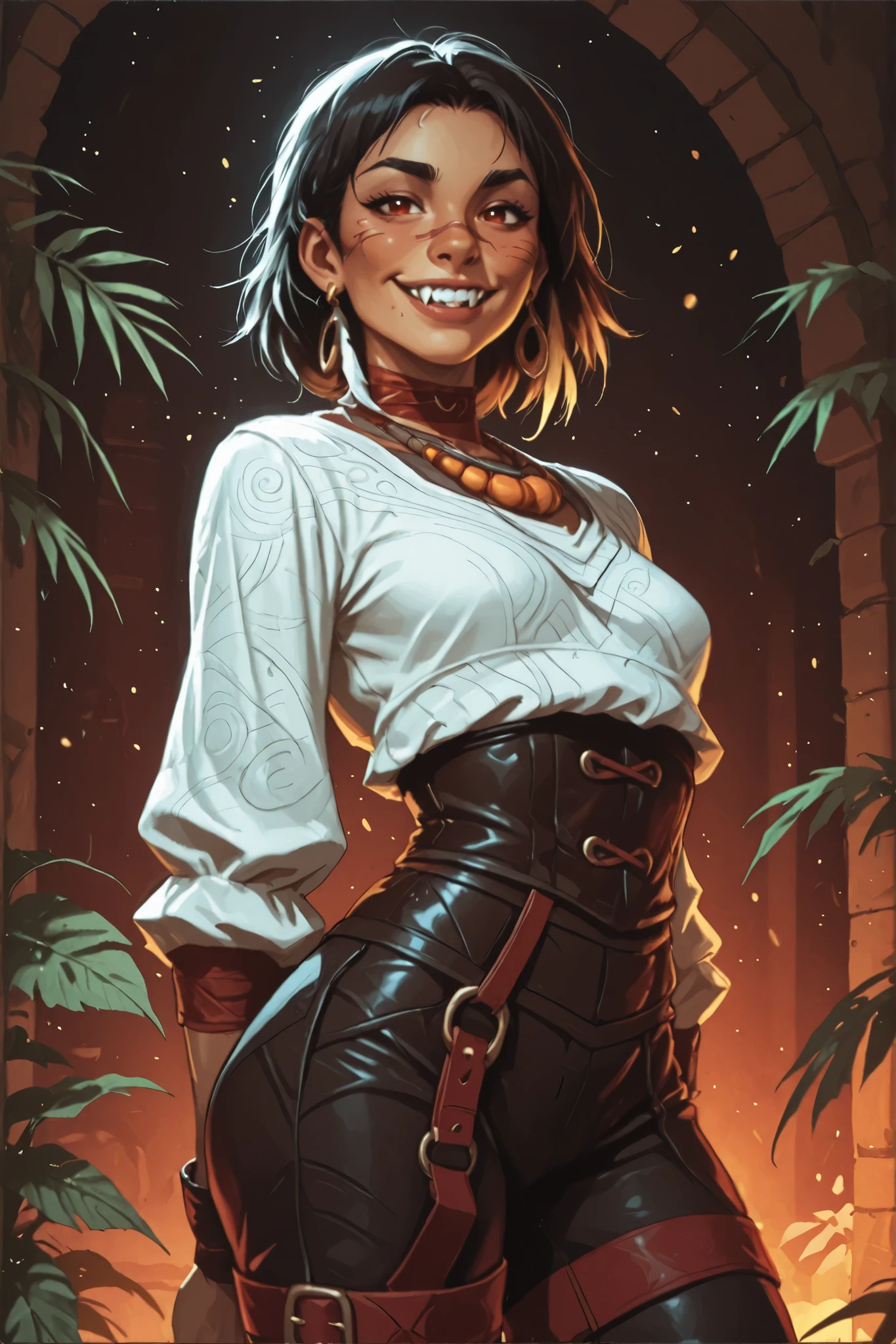 Woman looks like Annette from Castlevania Nocturne. Cute girl. Anthro. Dunkle Haut. She has a horizontal scar over her nose. She has sharp teeth. pointed fangs in her mouth. your body is athletic, with muscles and abs. B-Cup. Sie hat rote, schmale, asiatische Augen, (enge Augen; asiatische Augen), A pretty, And young face and white braids. white strands. The Inca clothing made of good latex: black latex pants with laced corset and red suspenders, plus a white silk shirt (Schlangenhaut-Optik), and an amber necklace. atmospheric lighting. looks at the viewer. She has an innocent smile with lots of sharp teeth. Keine Tiere im Bild. Hintergrund: aztekischer Tempel, strong lineart, hdr, hdr colours, hdr colours. Sharp. HD. Fake box art. hdr colours, oil painting, use the artstyle of Street Fighter