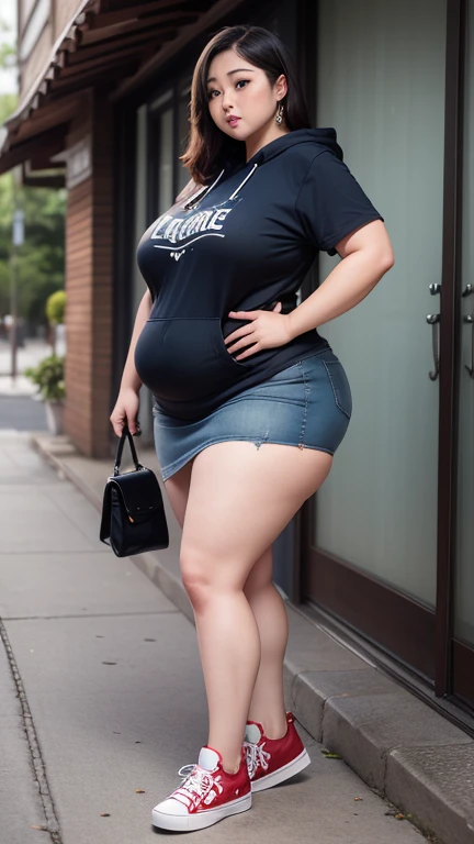 ((best quality)), ((masterpiece)), (detailed), perfect face, araffe woman in a dark-blue shirt and blue denim skirt walking down a street, thicc, she has a jiggly fat round belly, bbwchan, wearing tight simple clothes, skinny waist and thick ????, widest ????, her belly is fat and round, soft curvy shape, hyperrealistic full figure, wearing a cute top, wide ????, wearing 10 bracelet , wearing huge diamond necklace 