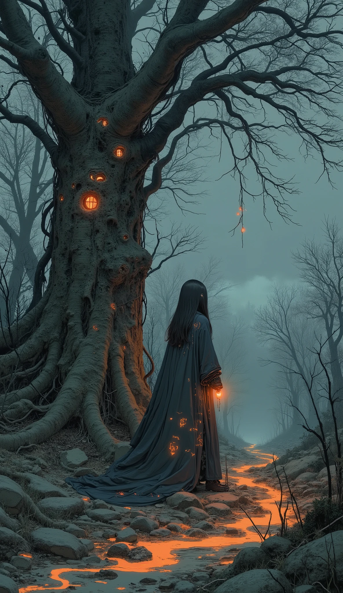 ., with their dark hair turned to, dark surroundings facing, Misty Forest. they have long, complicated, ribbon where the branches disappear into atmospheric haze、illuminates dark surroundings with constant enthusiasm. Dense, viewers Can stand, and a lonely person swirling around the trunk of a dark tree, Below that,. is covered in the shape of a, The sparkling orange and red pattern、fiery energy emanates from their hands {x} embers and runes reflecting the fiery brilliance and calm blue and green of the forest {x} Similar to。. tall, of shallow water rises on both sides and illuminates the vibrant, streams flow dark robe decorated with dynamic, creates a mysterious and powerful mood for viewers.