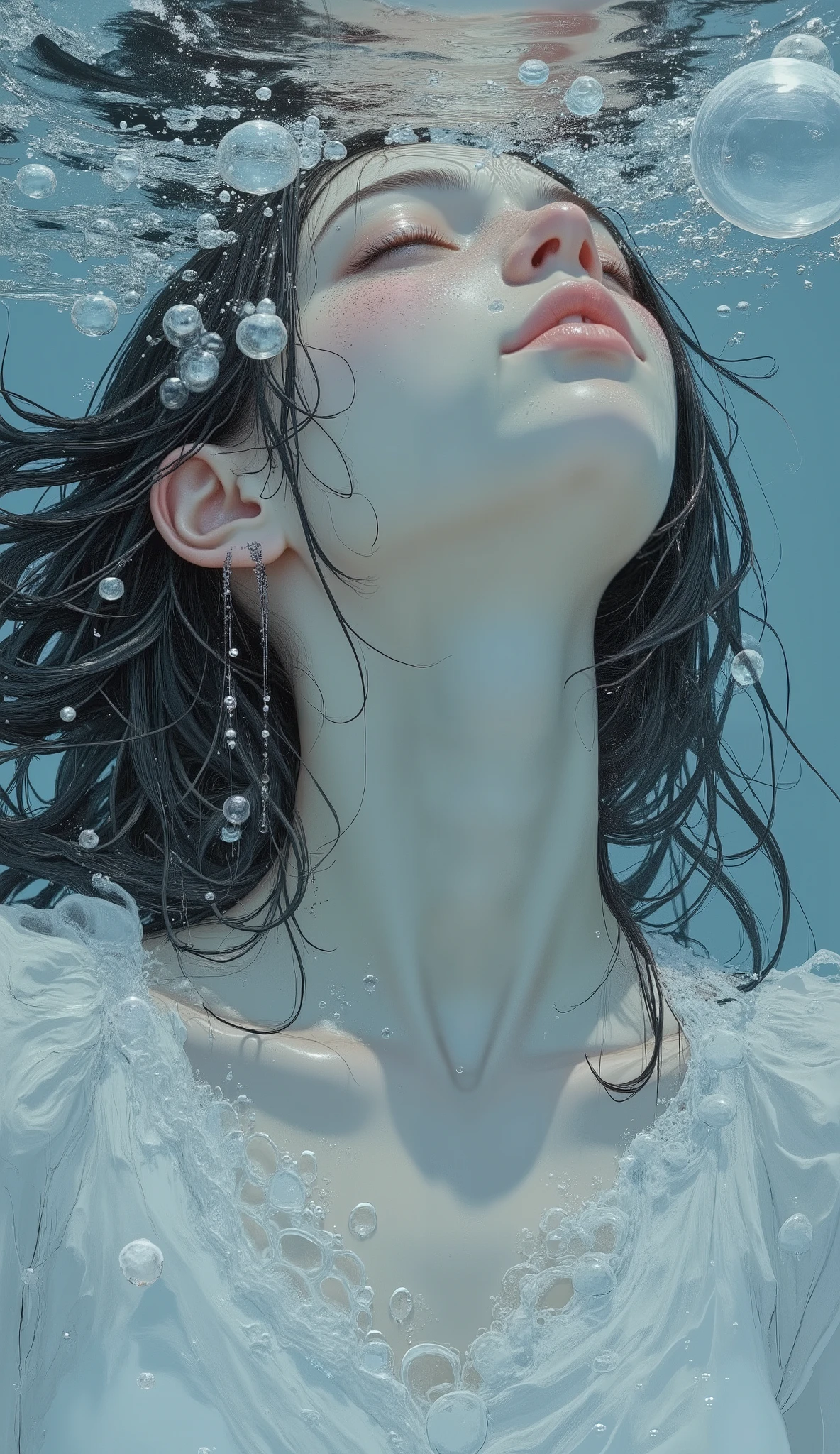 with her eyes closed and red lips slightly separated、sinking into the gentle blue ocean. Her Long, dark brown hair flowing around her head, teeth、lots of tiny bubbles. Large, spherical bubbles of water partially wrap around her head, Blended with 、その端にteeth水しぶきと波打ち. 彼女teeth流れる, translucent white gown swirling elegantly around her, create software, ethereal creases. 照明teeth上から発せられている, emitting soft highlights in the water、女性の特徴teeth, It creates a dreamy, serene atmosphere。.