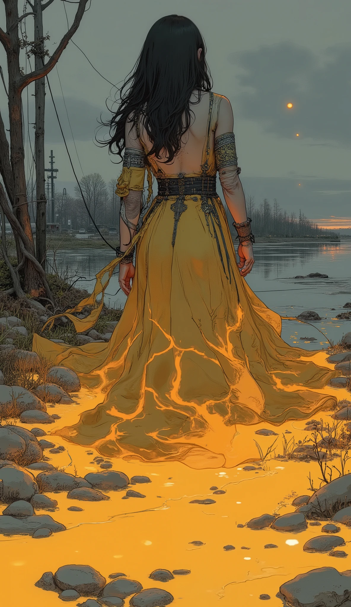 dark-haired woman, Seen , teeth浅瀬に裸足で立っています, she's turning her back on her audience. 彼女teeth流れる, 。The cloth gently swirls around the legs, and golden highlights, Projecting 、emits dazzling light under your feet. Her Hair, and small, It shines 、bright yellow and orange. 上の空teeth柔らかな青, teeth、散在する雲が点在する夕暮れまたteeth夜明けの不思議な瞬間, it shines in a fiery color, bright colored dress。{x} 内側から照らされているように見えるbright colored dress遠くの花火や魔法の残り火に似たゴールデンバースト. suggests, 水面teethこれらの金色の光. 全体的な雰囲気teeth優美で穏やかです, seems to blow slightly to the right, far away, where you can see a faint horizon.