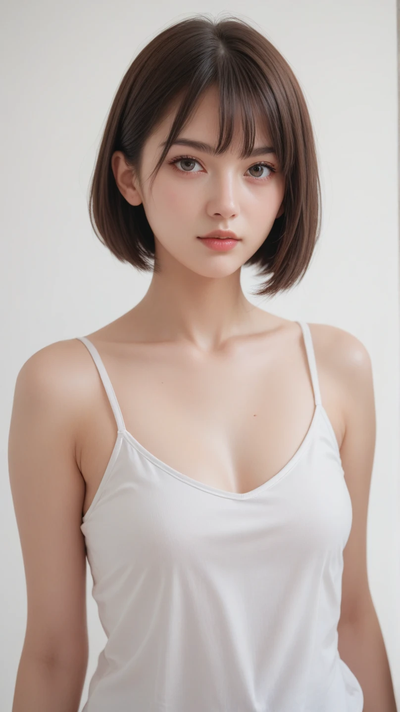 Completely ,Completely ((highest quality, 8K, masterpiece, super detailed, ultra high resolution, realistic, Raw photo, disorganized, absolute resolution:1.5)), Beautiful woman, 1 girl, thin abs :1.5, dark brown hair, bob cut, big breasts,  rain, street:1.3), super detailed顔, highly detailed lips, fine eyes, double eyelid