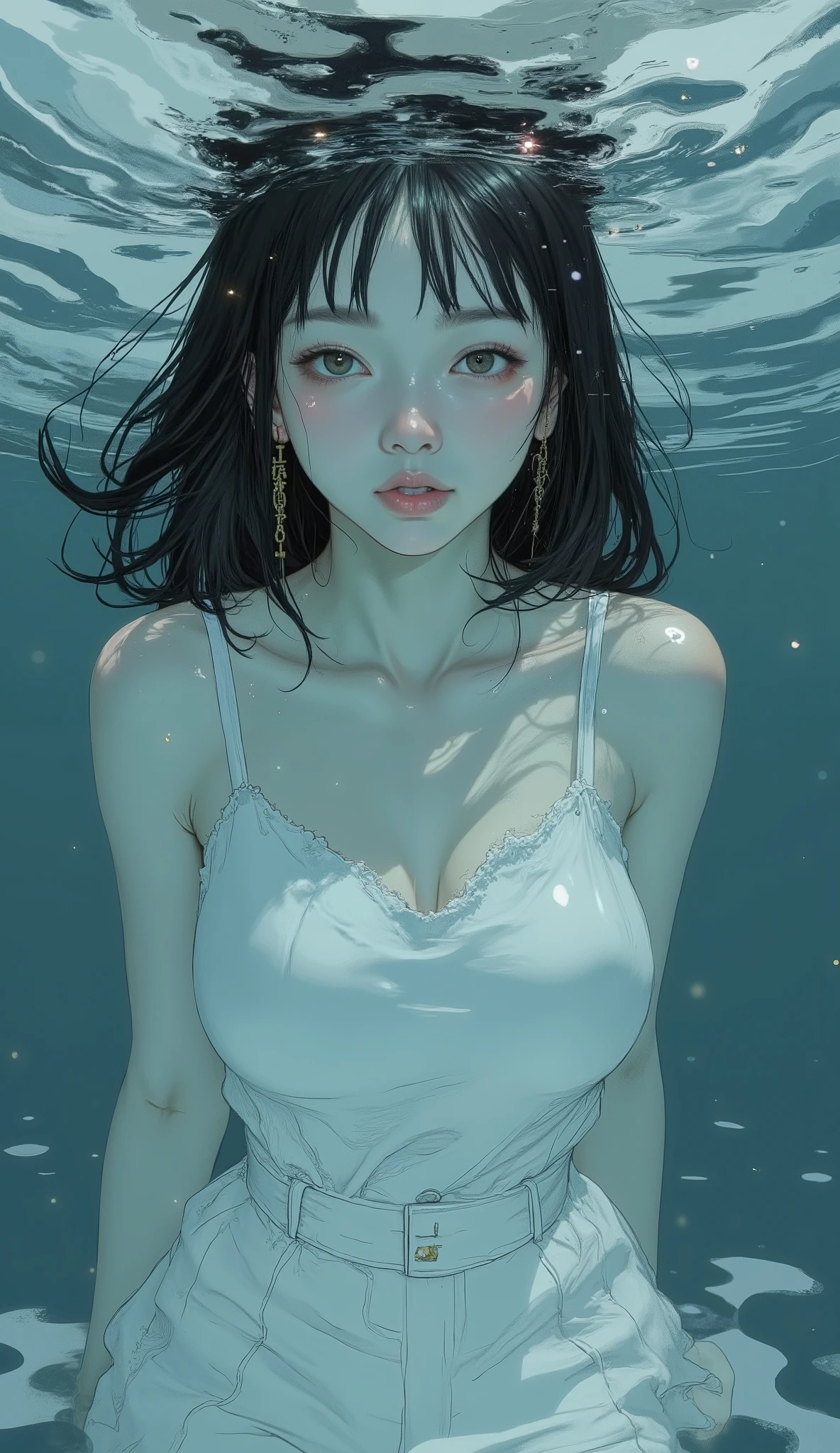 Beautiful Japanese woman in a white camisole, Is submerged in water, stylized, arms are slightly bent. the body is pointing downwards, legs are sinking toward the surface of the water, dark hair spreads around the head. the part where the top looks dark blue and the lower part. arms are slightly bent, part, so. the surrounding water gradation ues and teals, with lighter , Almost white, light penetrates from the surface and wears the、is submerged in water、You can see that the pattern of reflection and refraction is sparkling。. The overall mood is calm yet slightly unsettling, captures the ethereal quality of being underwater.