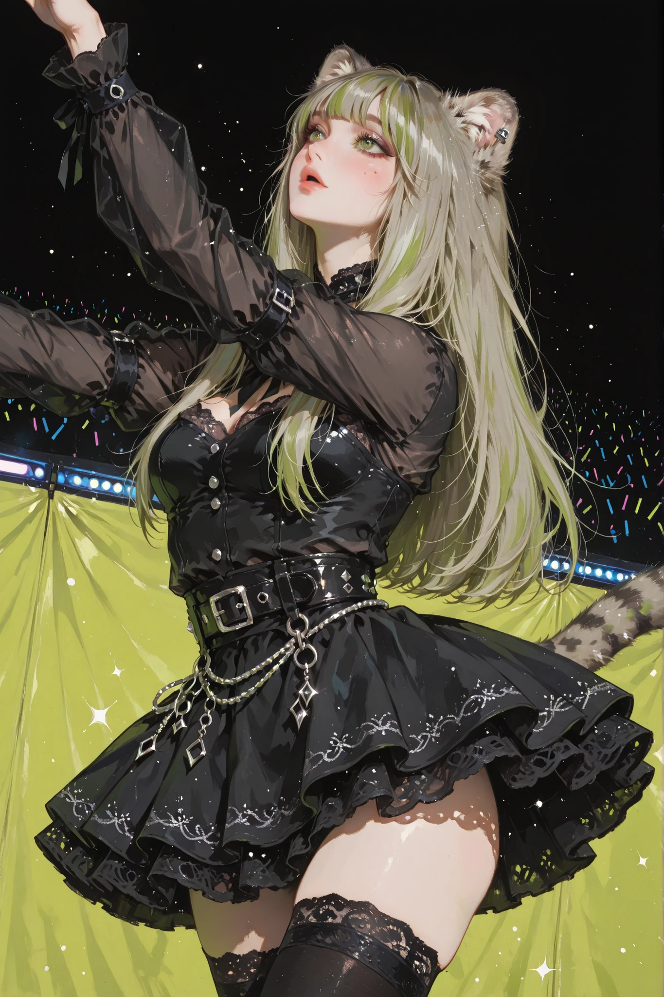 anime style, anime coloring, 8k, HDR, extremely detailed face and eyes, beautiful face and eyes, solo, beautiful, cool, masterpiece, top quality, great
quality, pose, background, highres, matte colouring, flat colouring, 1girl, young woman, dynamic hair, dynamic clothes, yellowish green eyes, fair hair, straight hair, long hair, oval face shape, round face, soft face features, glossy lips, pallas cat ears, catgirl, manulgirl, pallas cat tail, front bangs, small ears, matte skin, matte, matte colouring, fair ears, dancing, singing, dynamic, cute, idol, k-pop idol, black top, lace and mesh, stage outfit, black twirly skirt, black thigh highs, decorative_chains on stud belt, goth, silver jewellery, stage performance, side angle