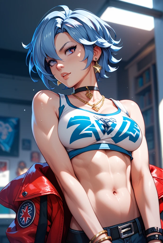 {{masterpiece}}, best quality, extremely detailed CG unity 8k wallpaper, cinematic lighting, lens flare, beautiful detail eyes, black,  side glance,  multicolor short blonde hair, colorful light, particles, heterochromia, (colorful:1.5), (colorful hair:1.5), Sexy white bikini,