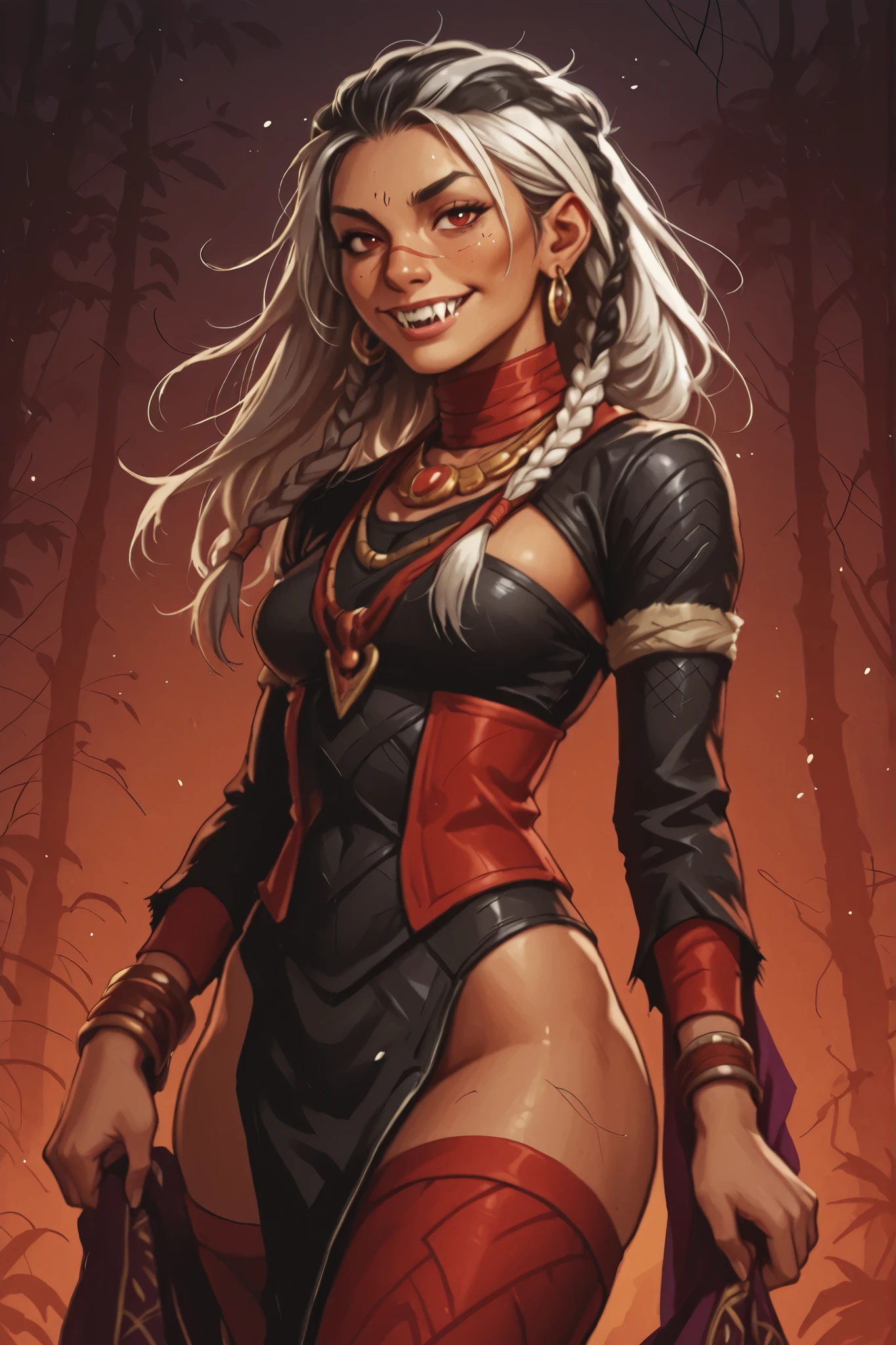 Woman looks like Annette from Castlevania Nocturne. Cute girl. Dunkle Haut. She has a horizontal scar over her nose. She has sharp teeth. pointed fangs in her mouth. your body is athletic, with muscles and abs. B-Cup. Sie hat rote, schmale, asiatische Augen, (enge Augen; asiatische Augen), A pretty, And young face and white braids. white strands. The Inca clothing made of good latex: black dress with red corset and long sleeves (Schlangenhaut-Optik), and an amber necklace. atmospheric lighting. looks at the viewer. She has an innocent smile with lots of sharp teeth. Keine Tiere im Bild. Hintergrund: aztekischer Tempel, strong lineart, hdr, hdr colours, hdr colours. Sharp. HD. Fake box art. hdr colours, oil painting, use the artstyle of Street Fighter