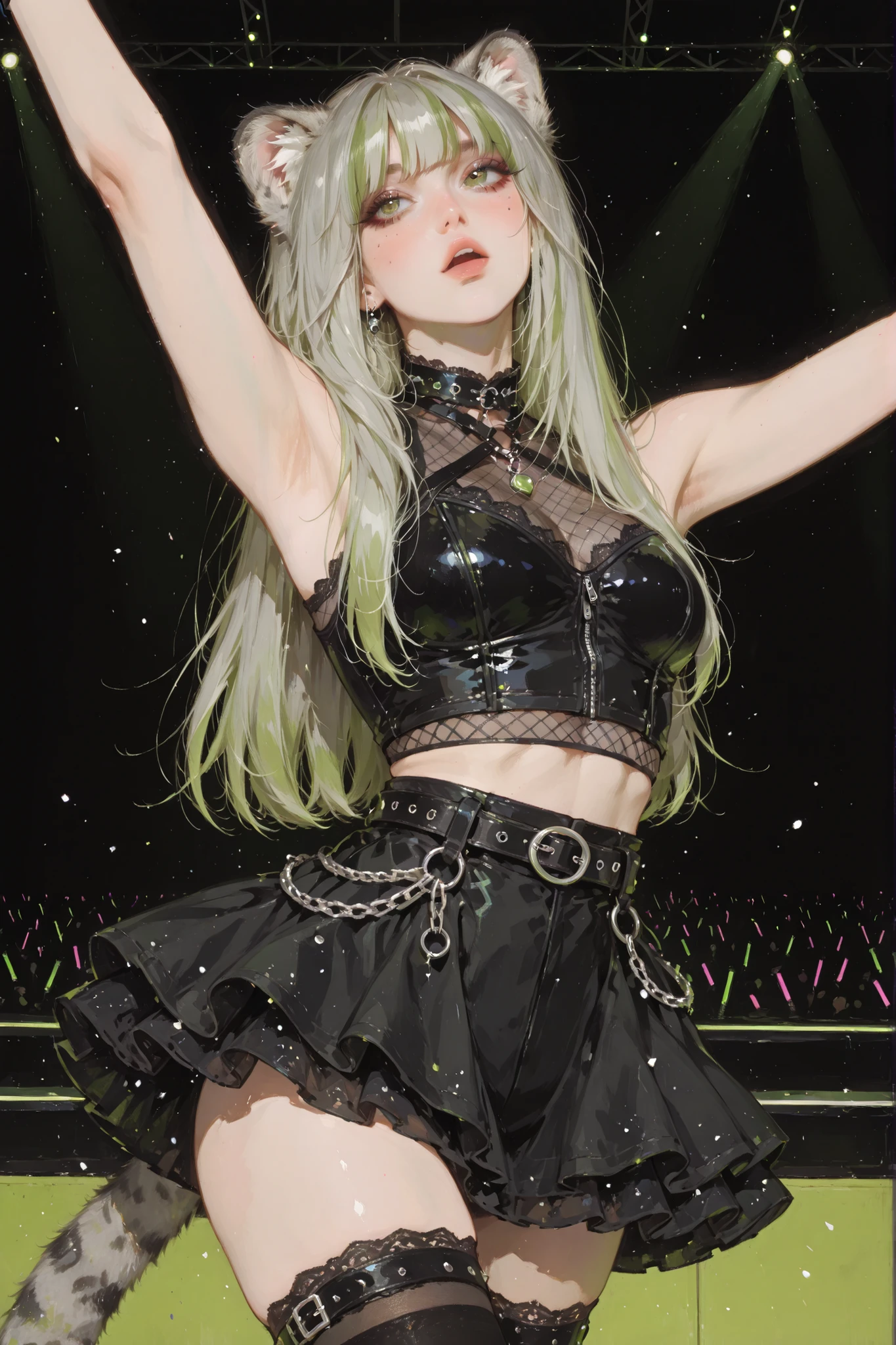 anime style, anime coloring, 8k, HDR, extremely detailed face and eyes, beautiful face and eyes, solo, beautiful, cool, masterpiece, top quality, great
quality, pose, background, highres, matte colouring, flat colouring, 1girl, young woman, dynamic hair, dynamic clothes, yellowish green eyes, fair hair, straight hair, long hair, oval face shape, round face, soft face features, glossy lips, pallas cat ears, catgirl, manulgirl, pallas cat tail, front bangs, small ears, matte skin, matte, matte colouring, fair ears, dancing, singing, dynamic, cute, idol, k-pop idol, black top, mesh top, black twirly skirt, black thigh highs, chains on stud belt, goth, silver jewellery, stage performance