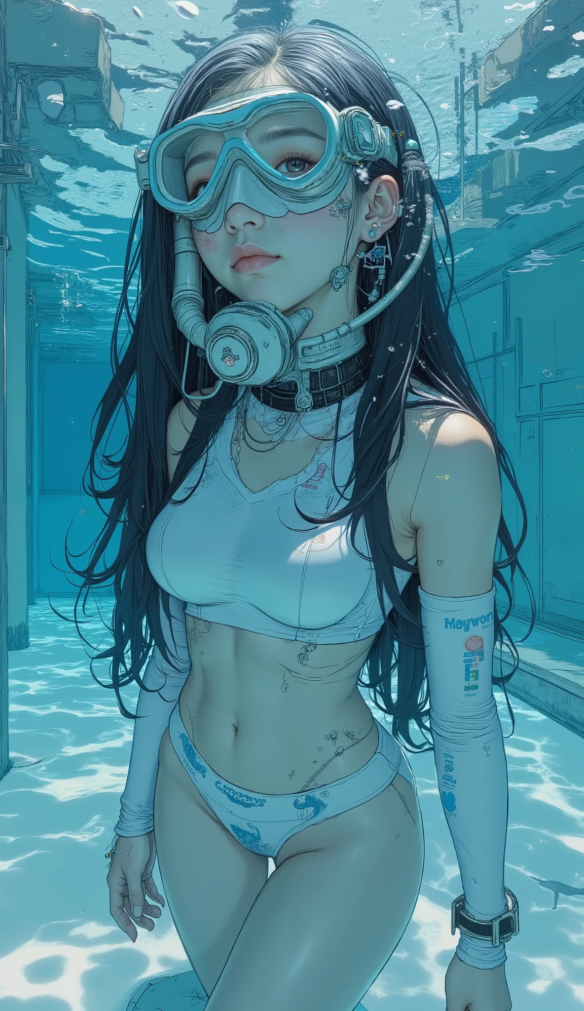 young woman before the performance, consisting of a blazer, Depicted underwater, light blue, を示唆する a regulator set.  She is wearing diving gear, Her face is covered with a diving mask and snorkeling,  Her face is obscured by her diving mask and snorkel,  and brief-style bottoms.  that illuminates the water and exudes a sense of calm.  a playful and stylish approach to diving gear {x} Clear water、 and architectural elements visible in the background {x}  A unique feature of her outfit is the、 along with knee-high white socks and white flippers。,  a white sleeveless top with blue accents、 She is wearing a white and black scuba tank、 a regulator set. が与えられたlight blue,  and her body is angled as if in motion. the lights are bright, Her dark hair is washed away and the atmosphere is fantastic.