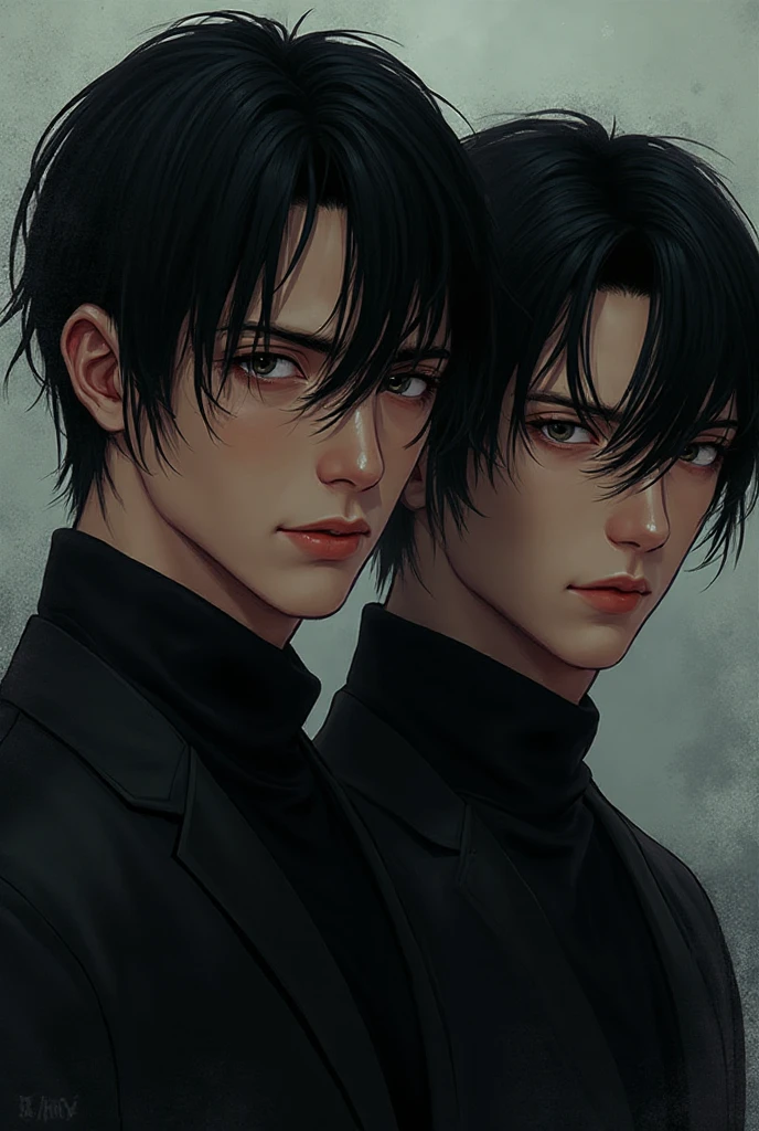 (masterpiece), (high resolution), (high quality), perfect face, beautiful face, (Three male, One with blue eyes, one with brown eyes and one with green eyes), All male black hair!, not facing each others. In dark room.