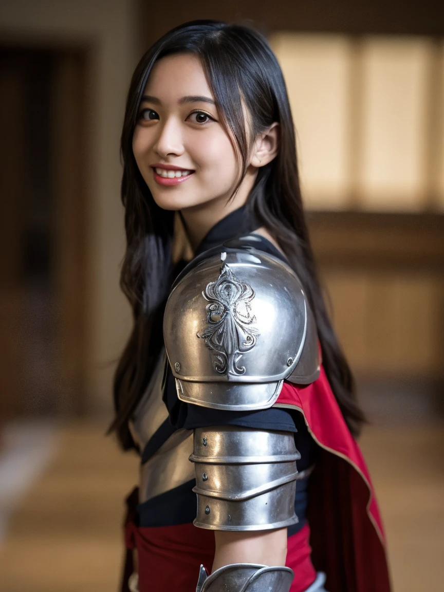 highest quality、４Ｋ、The background is a castle、slender body shape、female knight、black hair、smile、Beautiful teeth、hairstyle semi long、ear piercing、full body photo、luxurious silver armor、